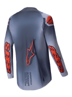 Alpinestars Supertech Lipan Jersey 2025, heren motocrossracing jersey, grijs en fluorescerend oranje, achterkant met verlengd achterpand en brandingdetails