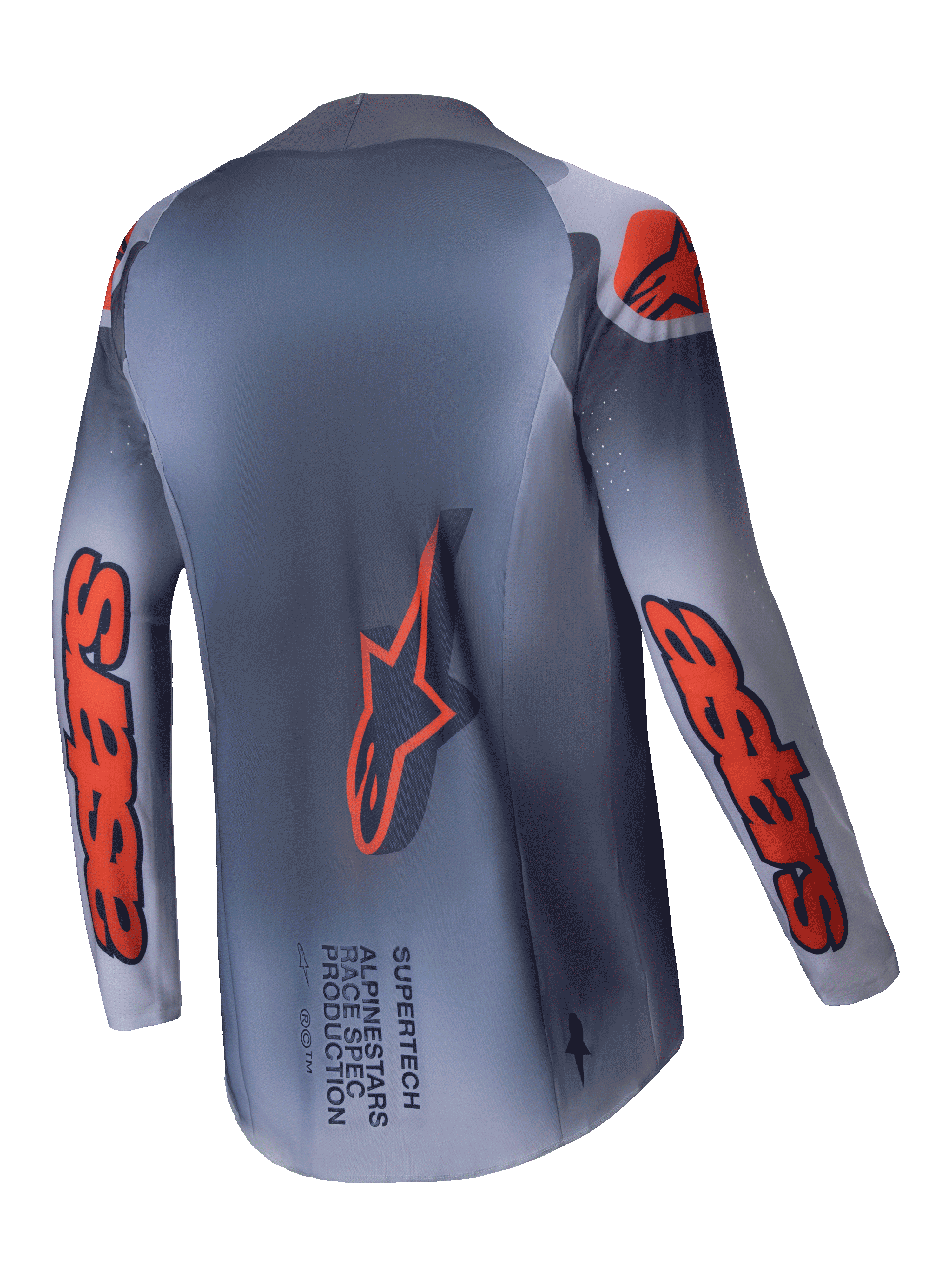 Alpinestars Supertech Lipan Jersey 2025, heren motocrossracing jersey, grijs en fluorescerend oranje, achterkant met verlengd achterpand en brandingdetails