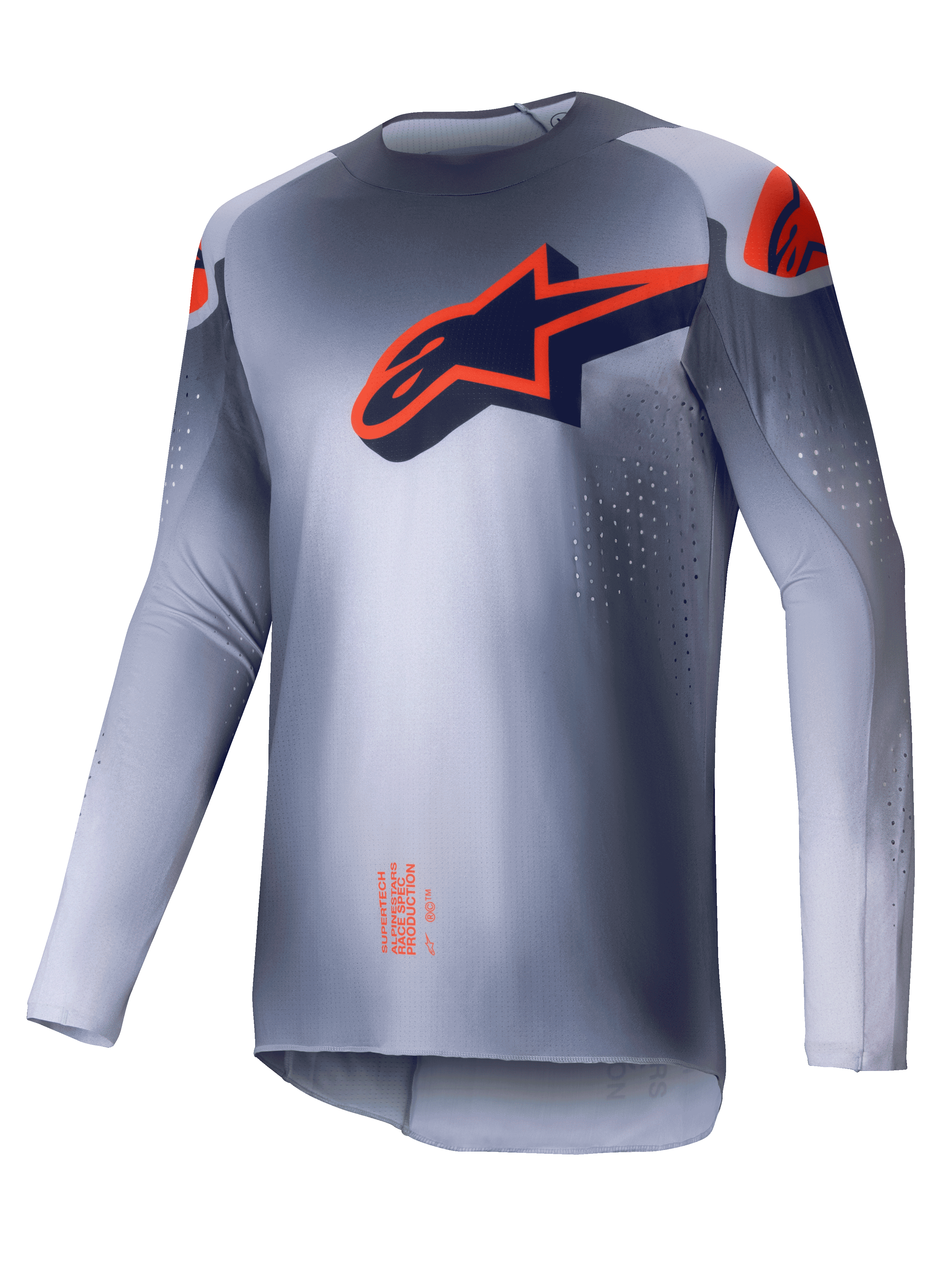 Alpinestars Supertech Lipan Jersey, heren motorcross jersey, grijs en oranje fluo, ultralichte atletische racefit met laser-gesneden ventilatieperforaties