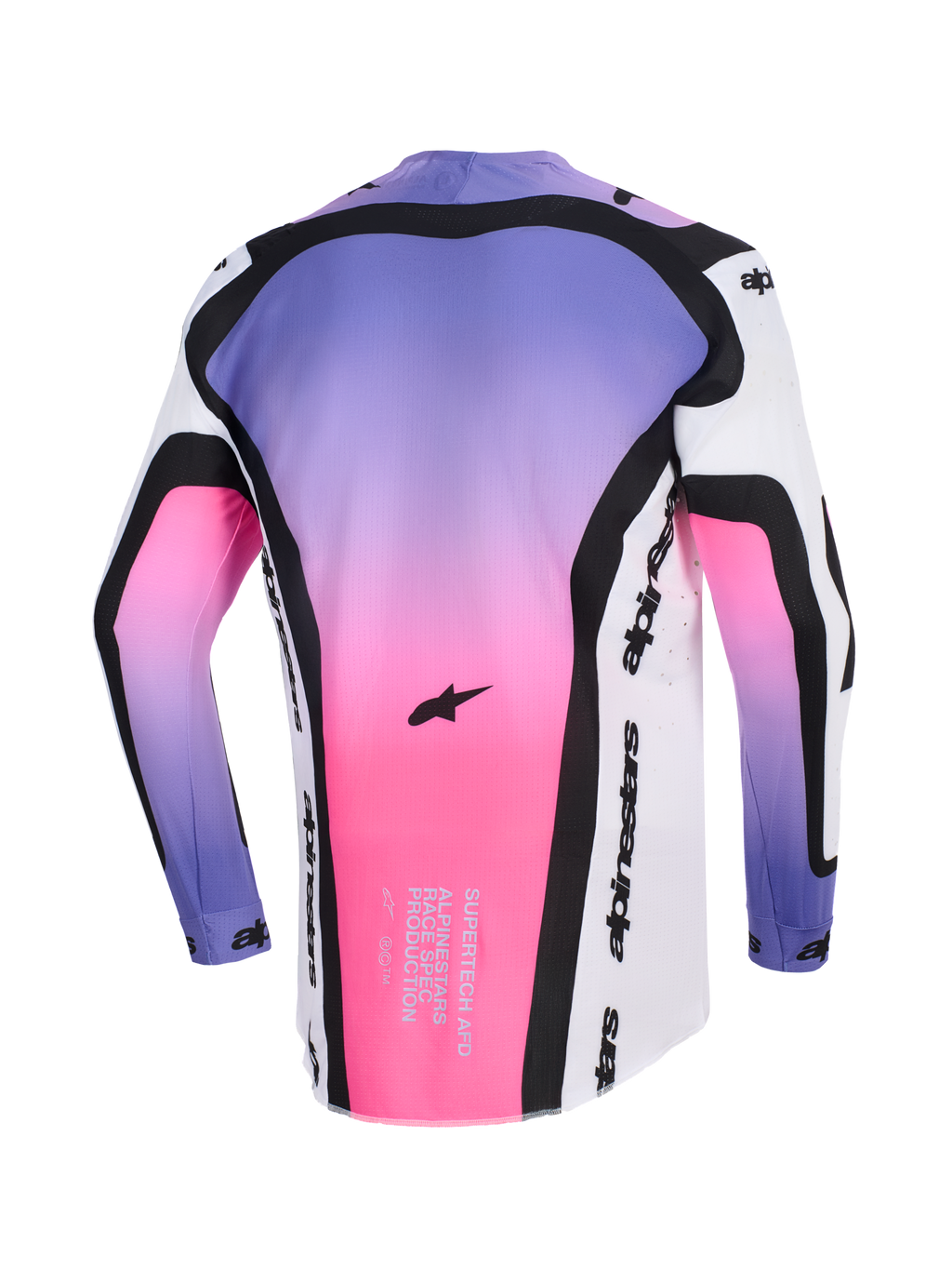 Alpinestars 2026 Supertech AFD Vista Jersey, Motocross Jersey, White Purple and Black with pink and purple gradient, back view showing black contoured panels, Alpinestars logo, and race-spec text on the lower hem, athletic fit for off-road performance.