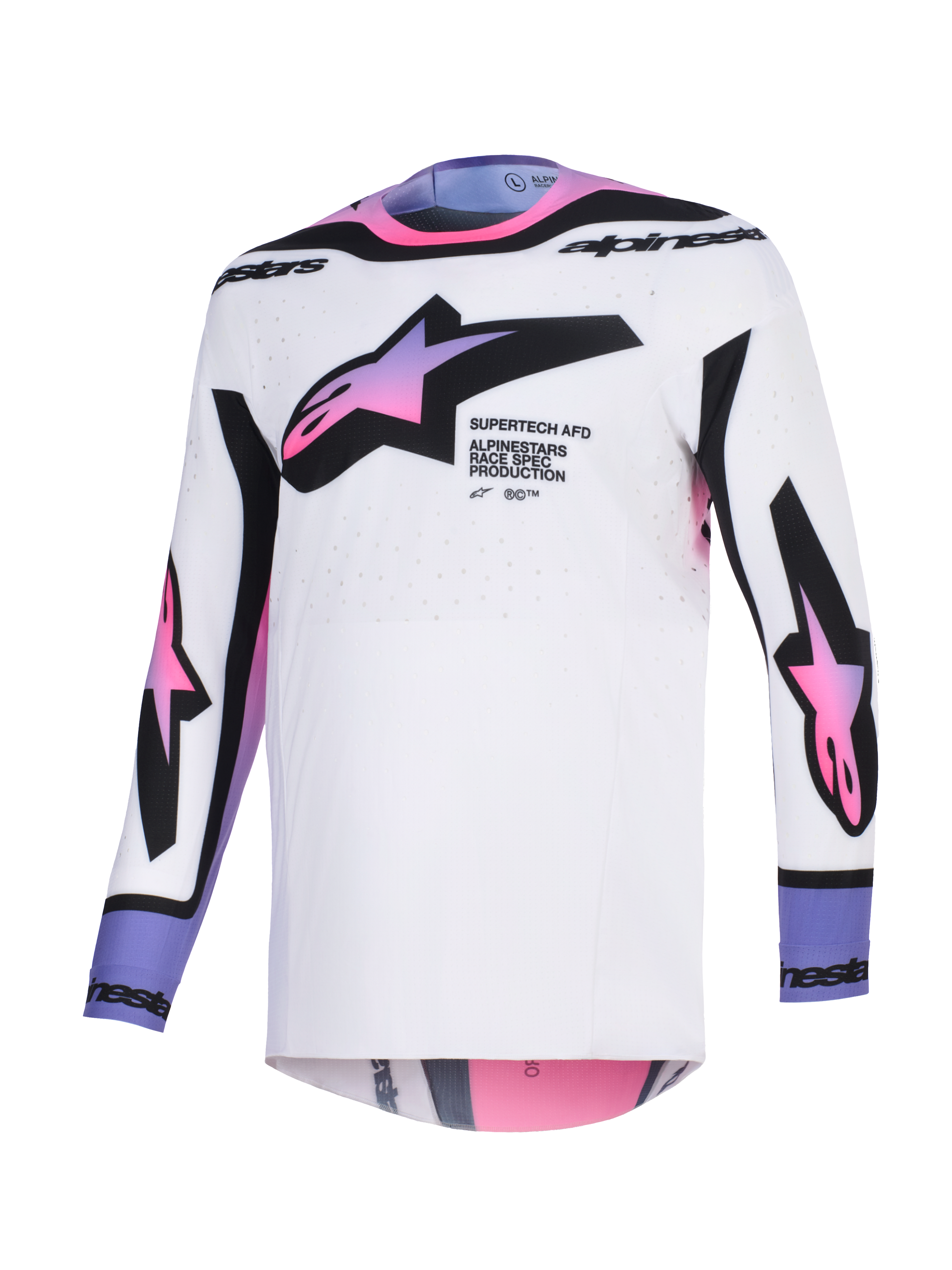 Alpinestars 2026 Supertech AFD Vista Jersey, Motocross Jersey, White with Pink and Purple gradient star logos, black accents and text branding, athletic fit with laser-cut ventilation holes, professional off-road racing gear
