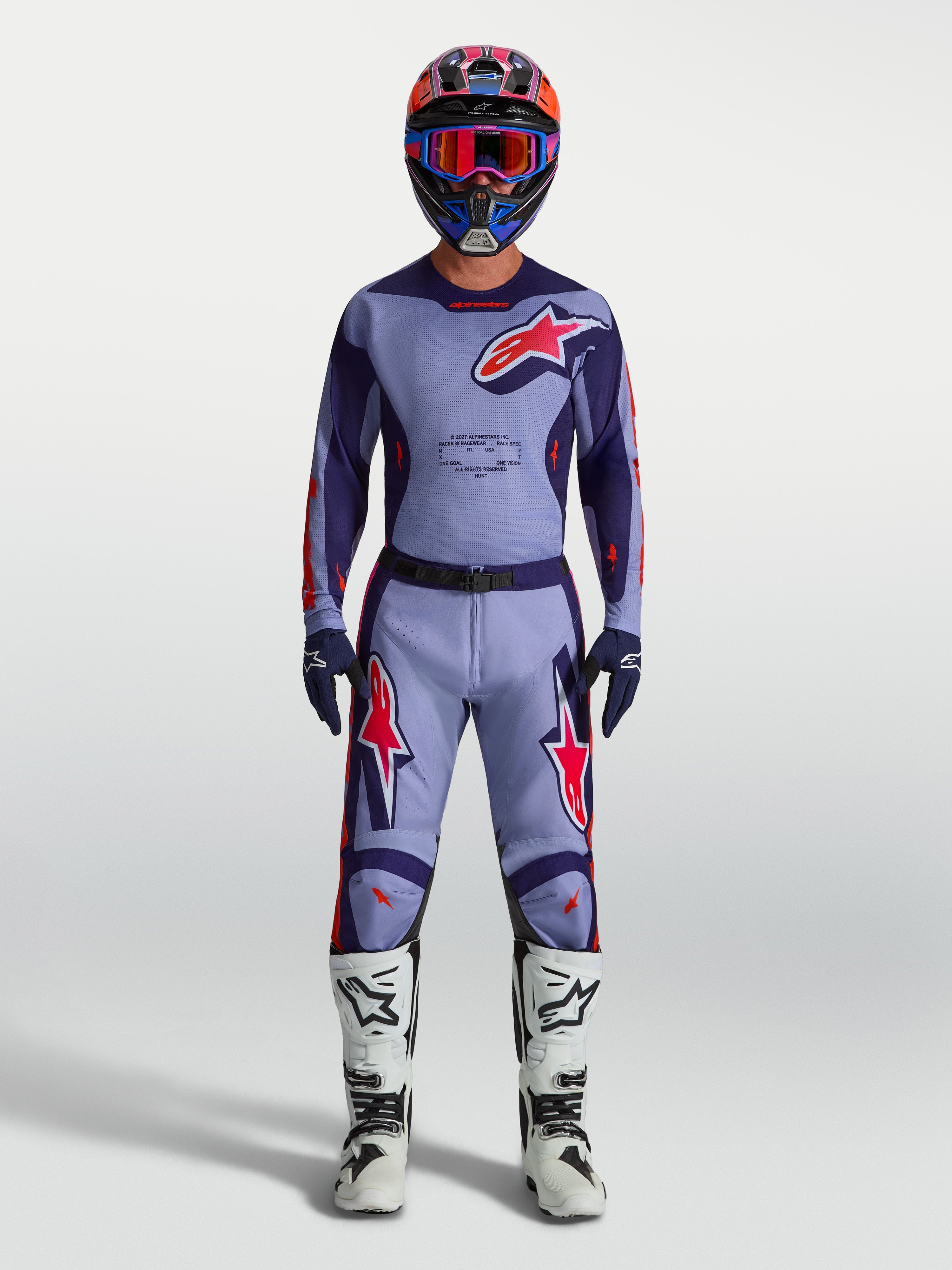 Alpinestars Racer Air Hunt jersey, heren motocrossuitrusting in paars en roze fluo met geventileerde mesh.