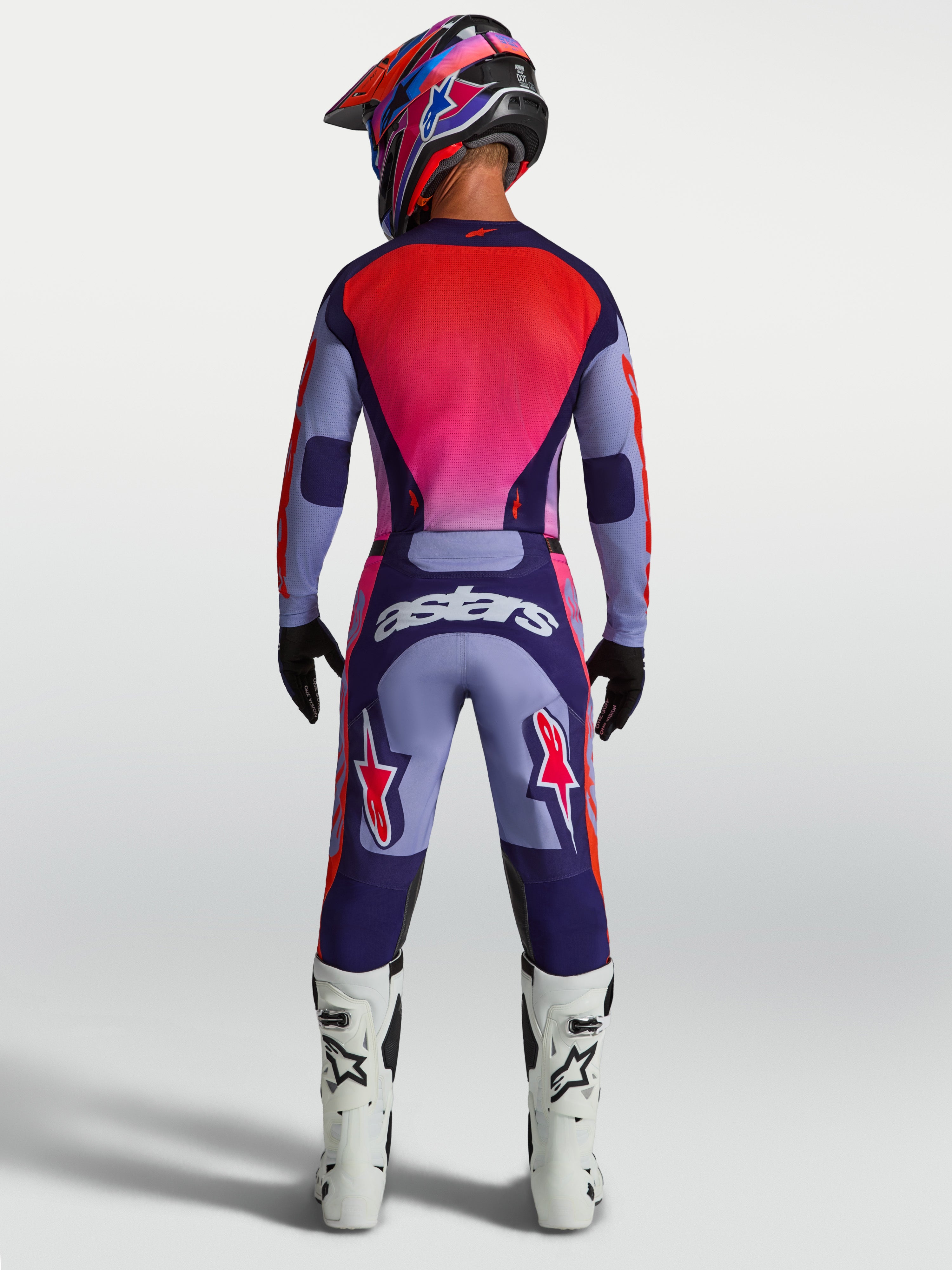 Alpinestars Racer Air Hunt Jersey, heren-motocrossjersey in paars en roze mesh, achteraanzicht met performance racepasvorm.