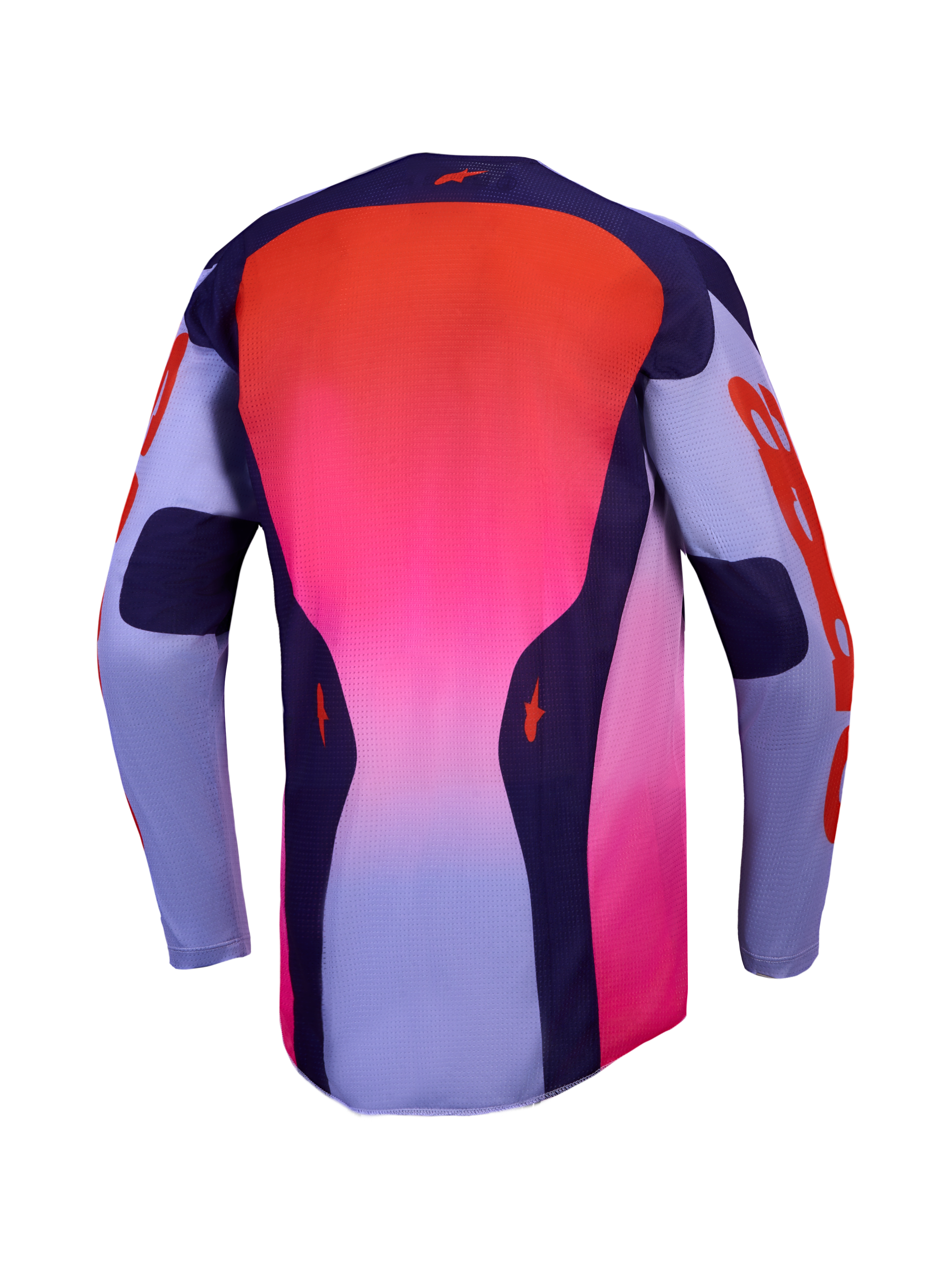 Alpinestars Racer Air Hunt Trikot, belüftetes Motocross-Jersey in Lila und Rot mit Farbverlauf, Rückansicht aus atmungsaktivem Mesh-Material für maximale Belüftung beim Offroad-Einsatz.