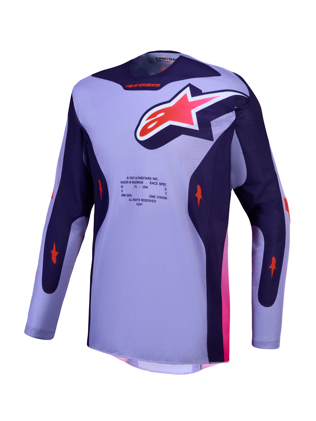 Alpinestars Racer Air Hunt jersey, paars en violet motorcrossjersey met ademend mesh en roze accenten.