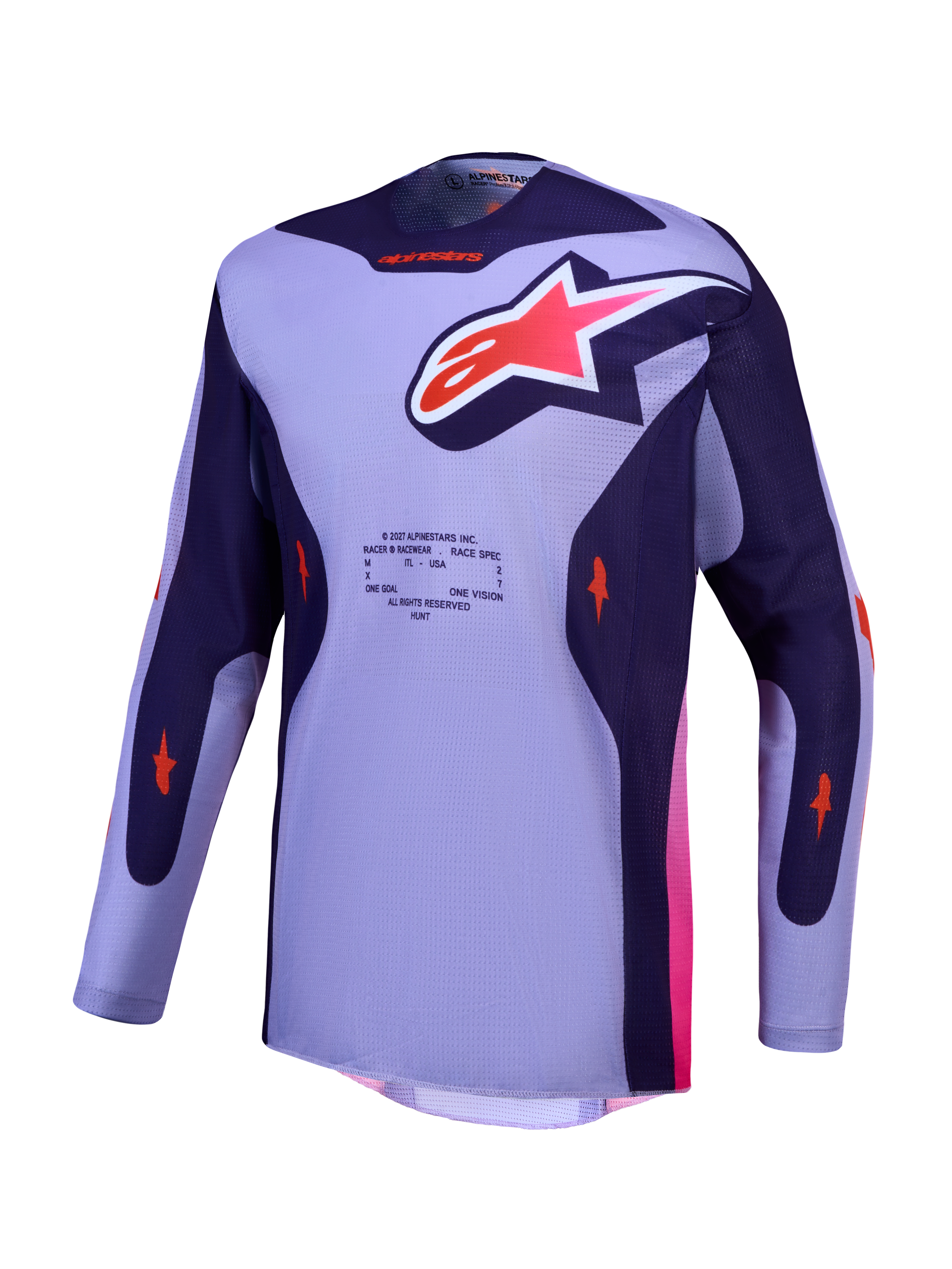Alpinestars Racer Air Hunt jersey, paars en violet motorcrossjersey met ademend mesh en roze accenten.
