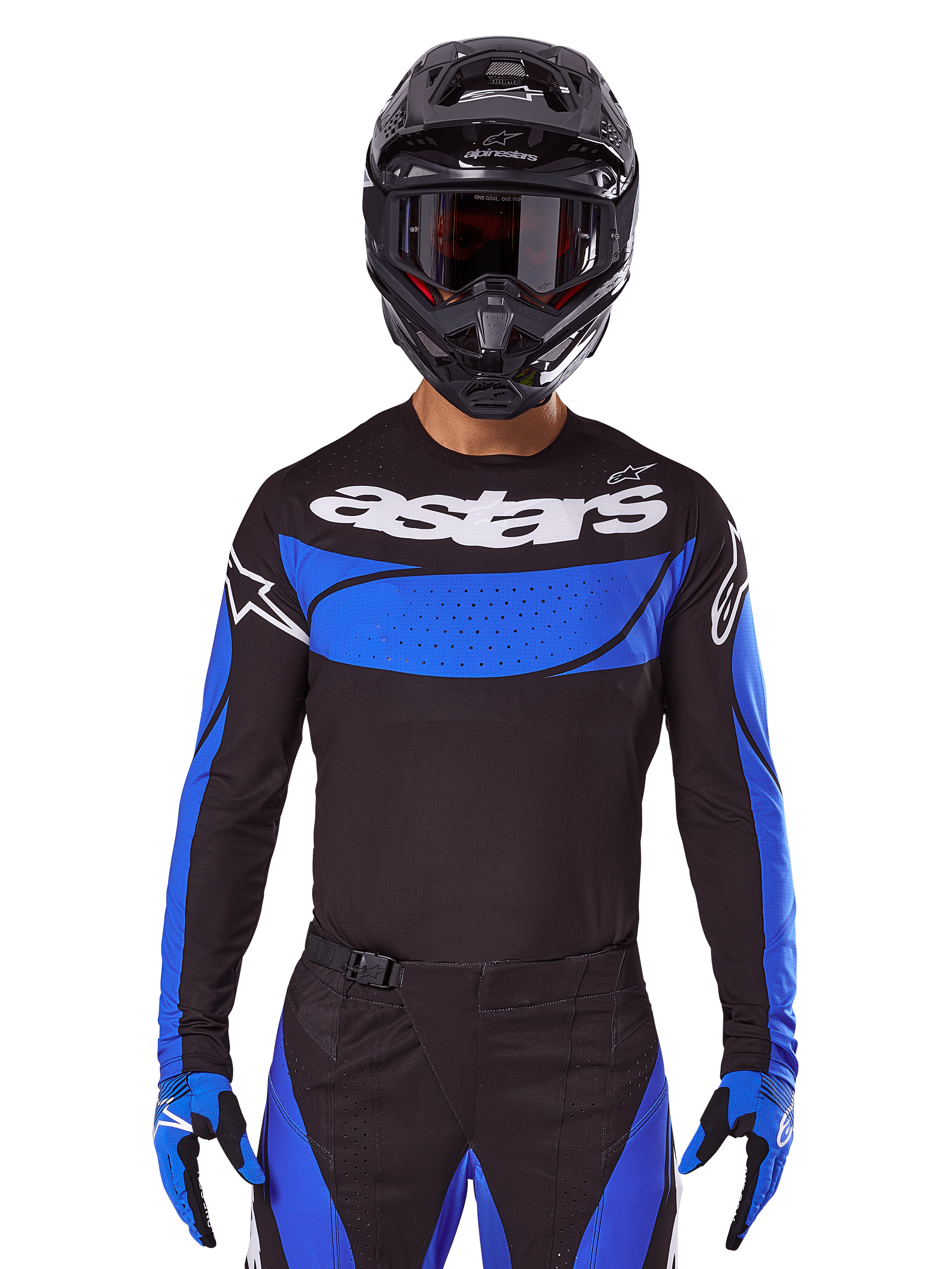Alpinestars Techstar Dreem Jersey AND Gear Set, maillot de motocross noir et bleu pour homme, porté par un pilote
