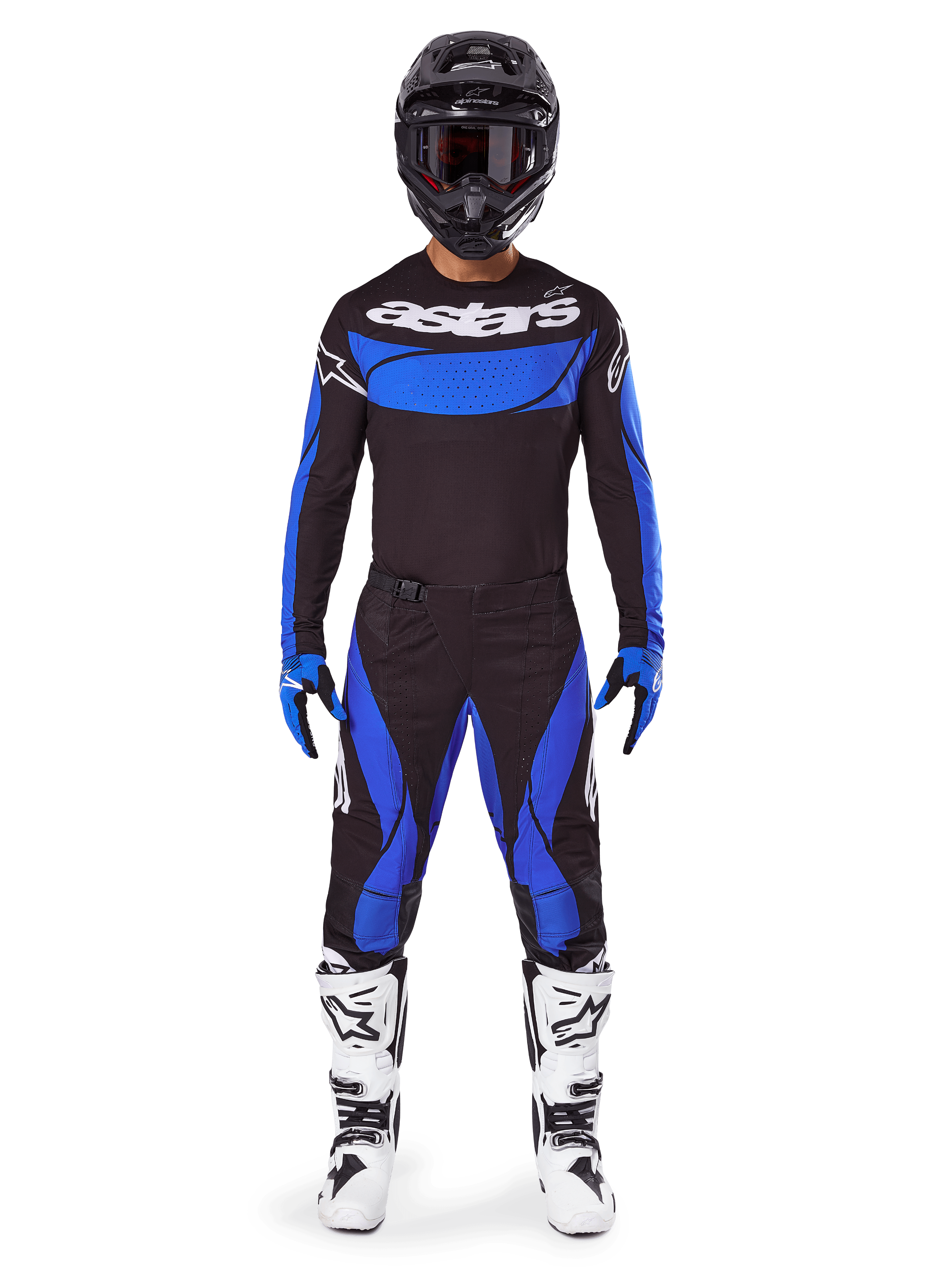 Tenue complète Alpinestars Techstar Dreem 2025, équipement de motocross pour homme en textile noir et bleu avec bottes blanches.