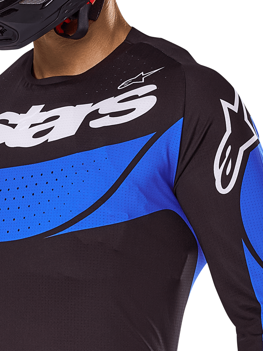 Maillot Alpinestars Techstar Dreem 2025, haut de motocross noir et bleu pour homme, ventilé avec perforations laser.
