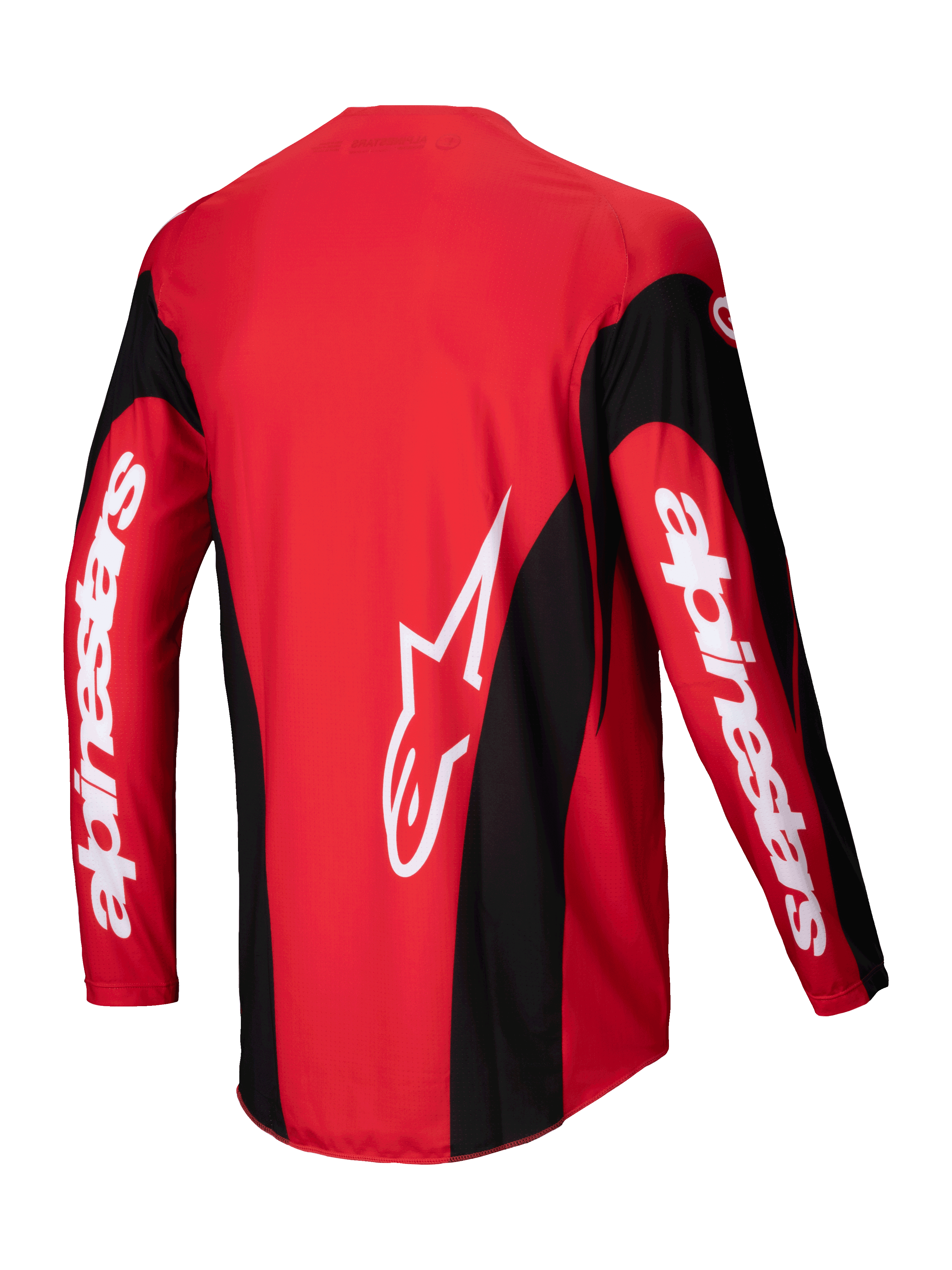 Alpinestars 2025 Techstar Dreem Jersey, Motocross Jersey, Bright Red and Black, back view showing lightweight poly-fabric stretch construction and extended rear hem