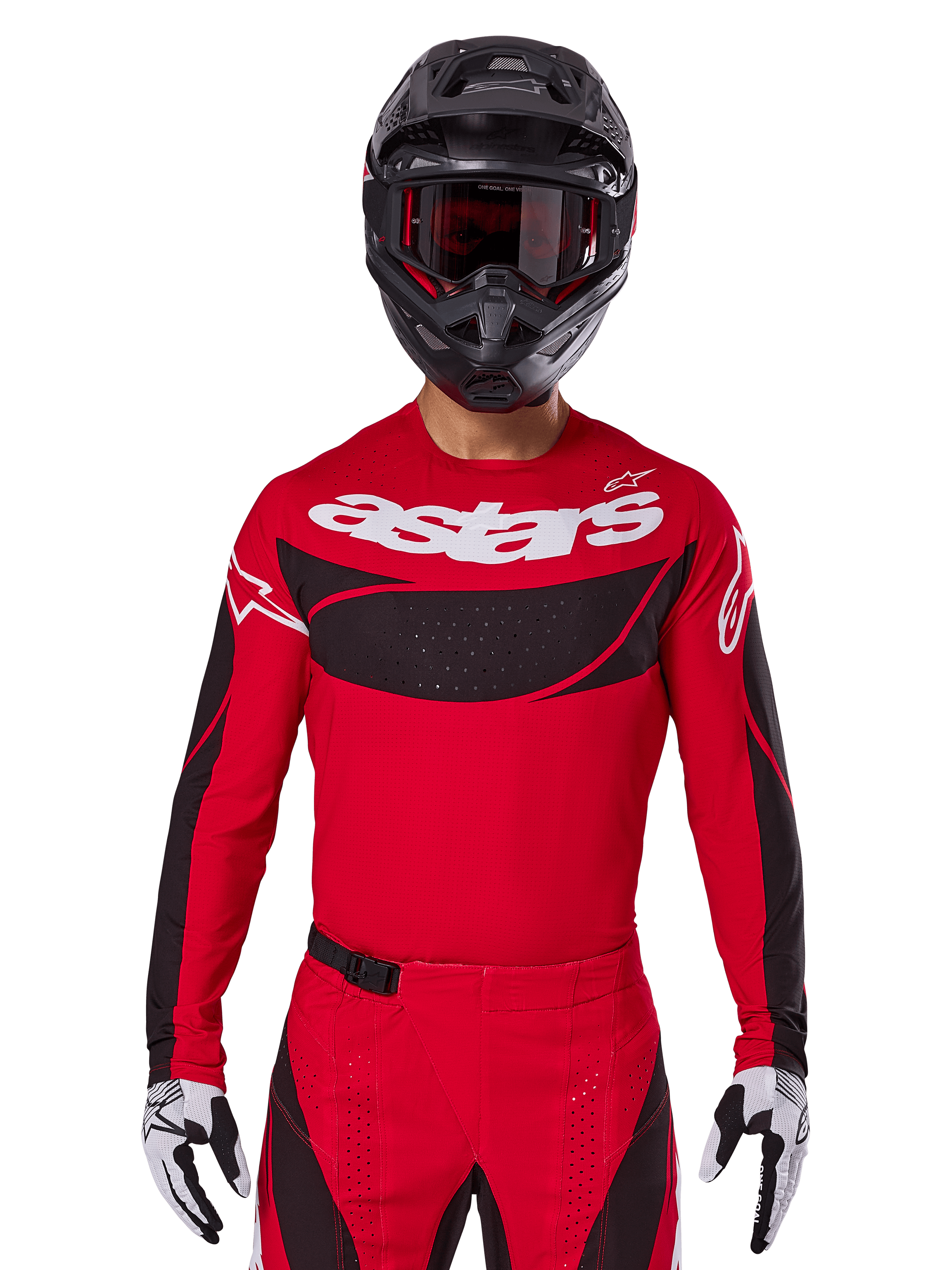 Alpinestars 2025 Techstar Dreem Trikot, Motocross-Ausrüstung, Hellrot und Schwarz, mit weißem „astars“-Logo und schwarzem, belüftetem Brustpanel, getragen mit passender Hose, schwarzem Helm und weiß-schwarzen Handschuhen, konzipiert für professionellen Offroad-Rennsport