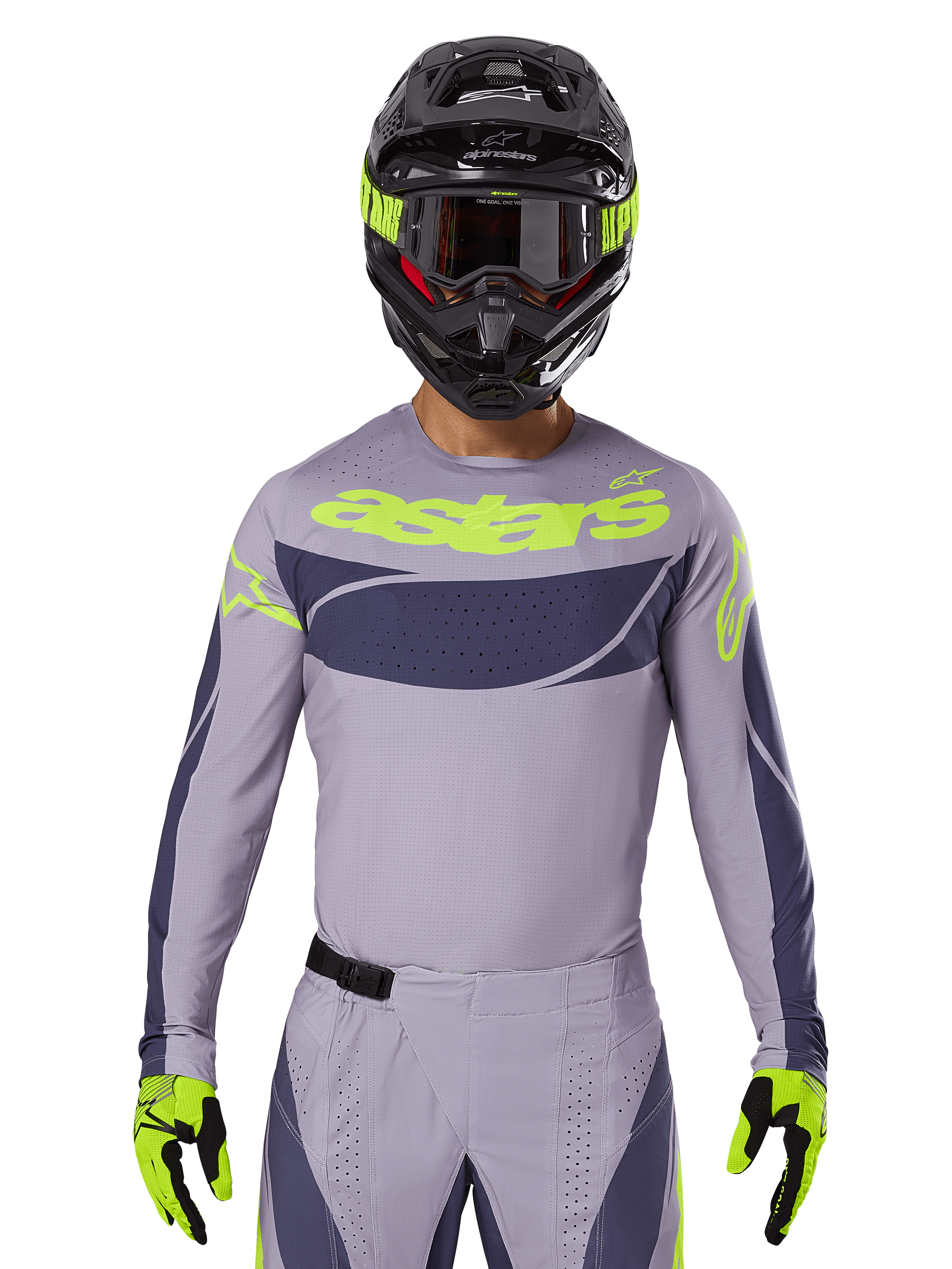 2025 Techstar Dreem Jersey und Ausrüstungsset, Motocross-Rennausrüstung, hellgrau und dunkelgrau mit neongelben Akzenten, mit „astars“-Branding, getragen mit schwarzem Helm, Brille und passenden Handschuhen, technisches perforiertes Material für Offroad-Performance