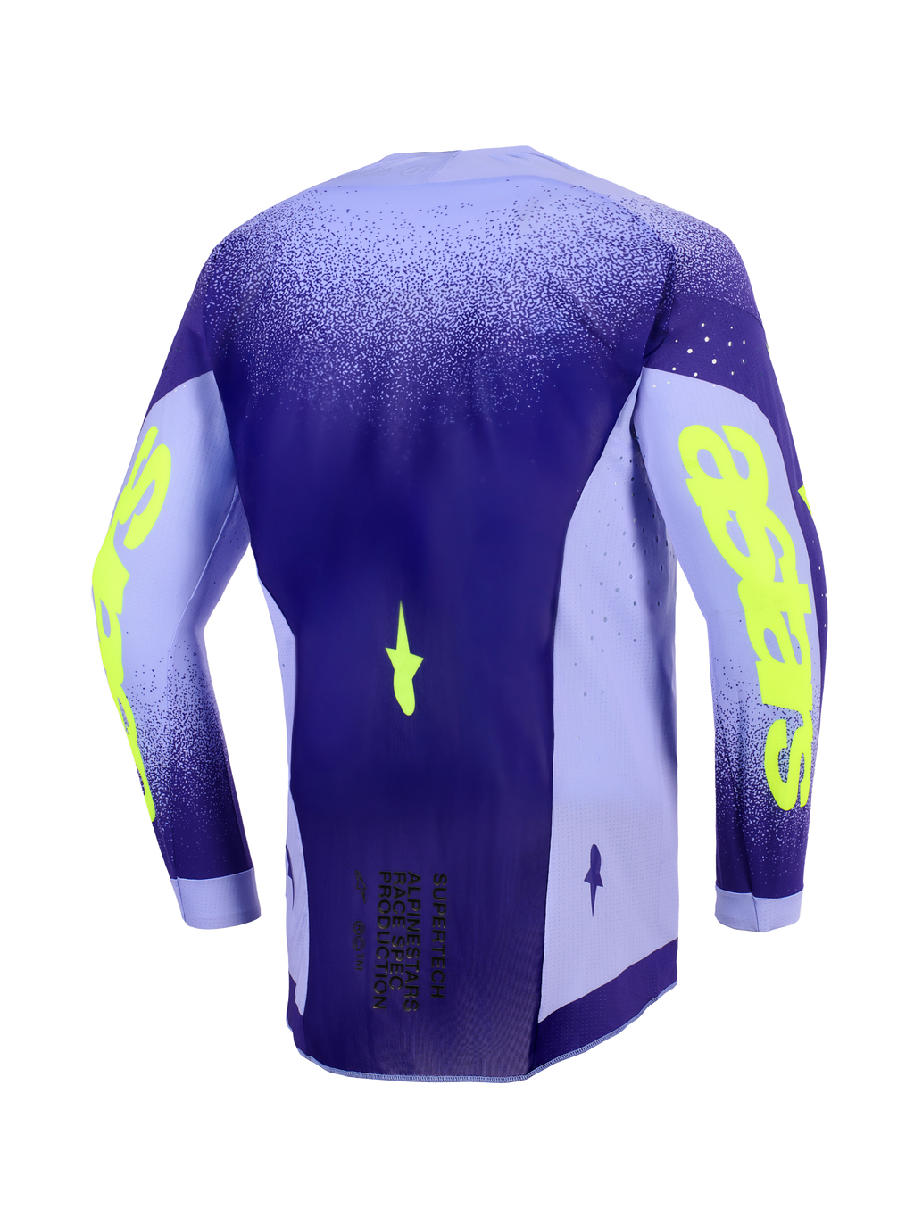 Alpinestars 2026 Supertech Scenz Jersey, Motocross-Trikot, Lila und Neongelb, Rückansicht mit verlängertem Rückenprofil, leichte Stretch-Mesh-Seiteneinsätze mit lasergeschnittenen Perforationen, markantes neongelbes Branding auf den Ärmeln