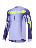 Alpinestars 2026 Supertech Scenz Trikot, Motocross-Trikot, Lila und Neongelb, mit lavendelfarbenen und dunkellila Einsätzen, neongelbem 'astars' Schriftzug und Stern-Logos, leichtes Performance-Mesh-Design für den Offroad-Rennsport