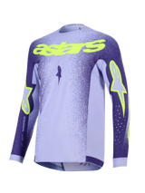 Alpinestars 2026 Supertech Scenz Jersey, motorcross jersey, paars en neongeel, met lavendelkleurige en donkerpaarse panelen, neongele 'astars' tekst en sterlogo's, lichtgewicht performance mesh-ontwerp voor off-road racen