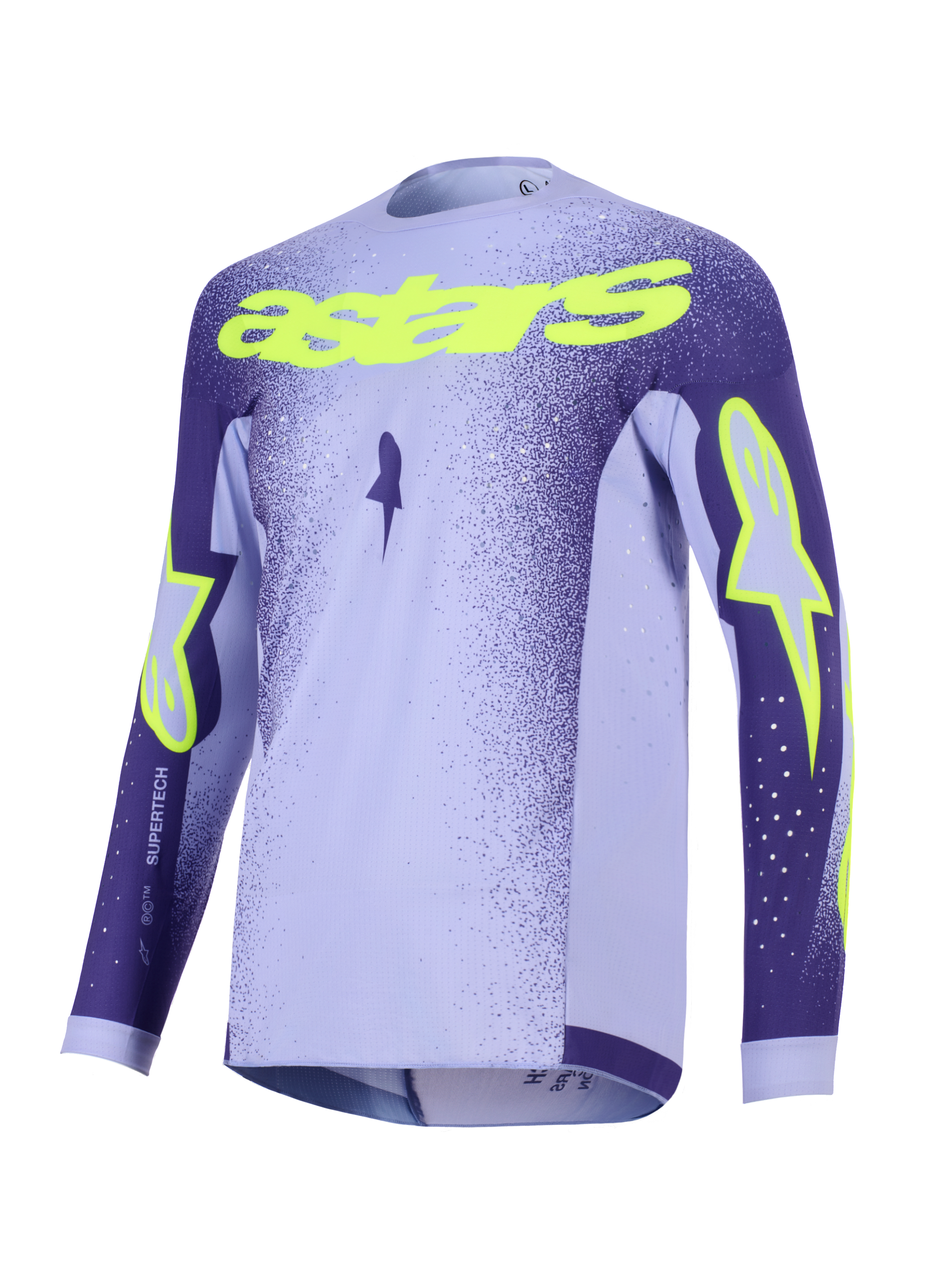 Alpinestars 2026 Supertech Scenz Jersey, motorcross jersey, paars en neongeel, met lavendelkleurige en donkerpaarse panelen, neongele 'astars' tekst en sterlogo's, lichtgewicht performance mesh-ontwerp voor off-road racen