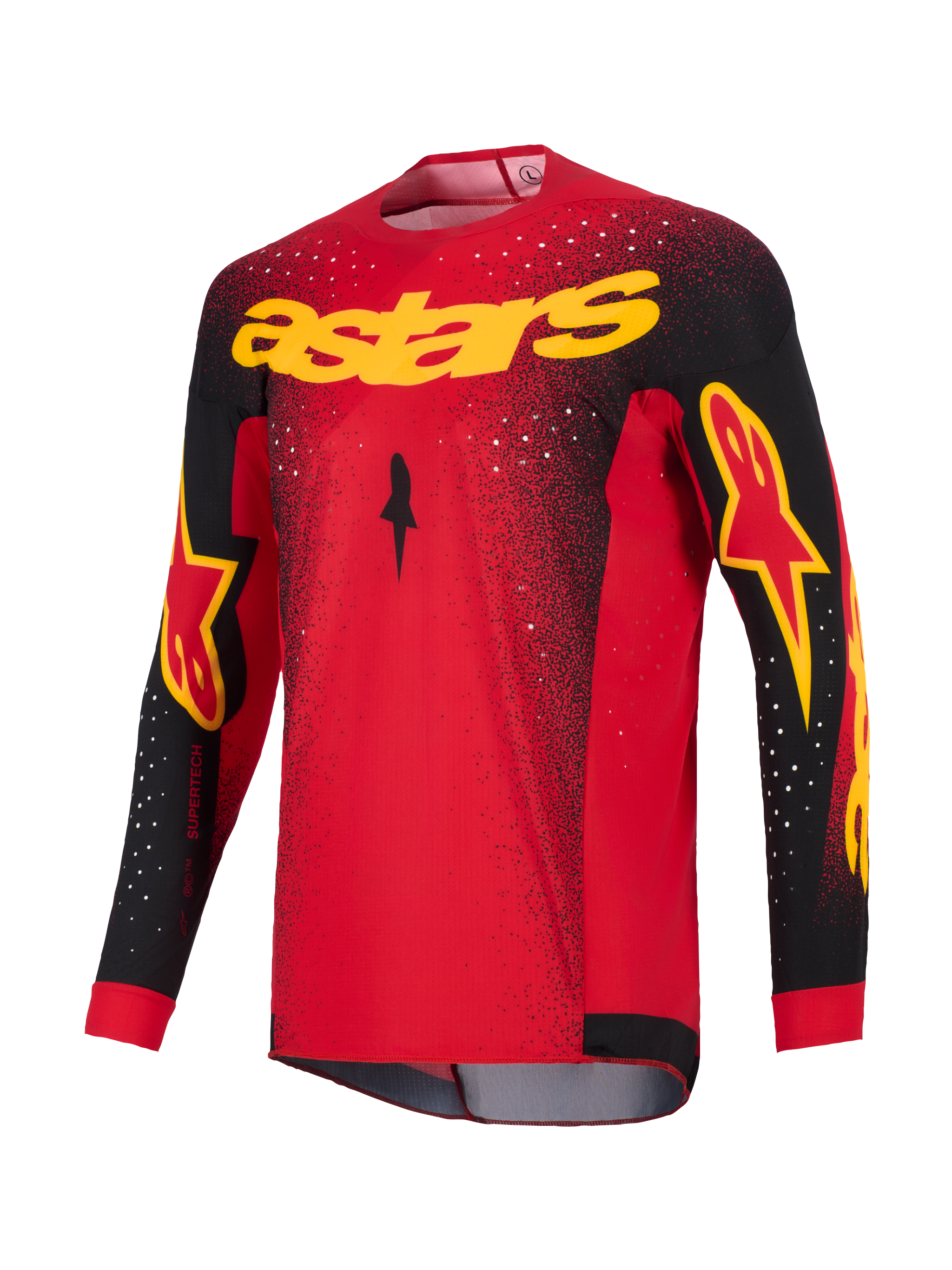 Alpinestars 2026 Supertech Scenz Jersey, motorcross jersey, rood, zwart en geel, met geel 'astars' logo op de borst, zwarte mouwen met logo-accenten en wit gespikkeld patroon op de schouders en het bovenlichaam