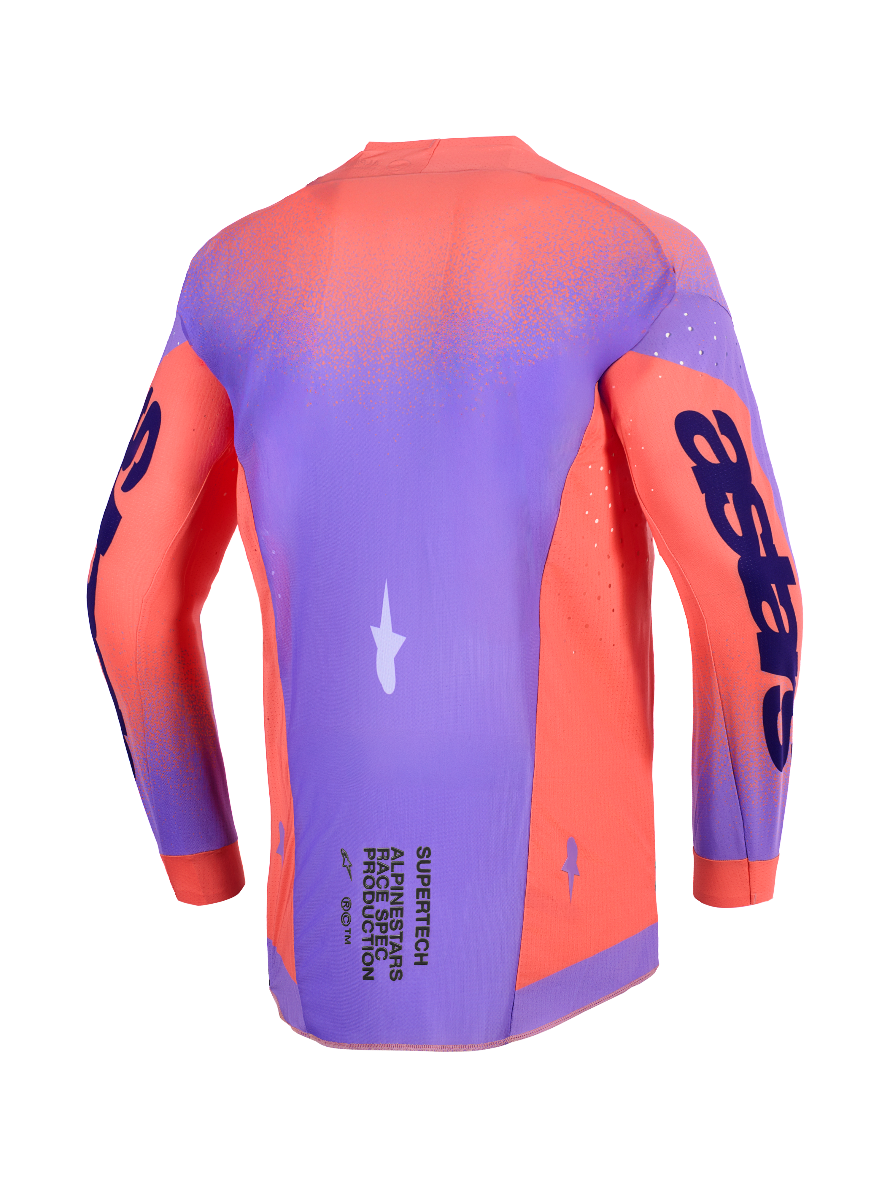 Alpinestars 2026 Supertech Scenz Jersey, Motocross Jersey, Hot Coral and Purple, back view featuring a lightweight stretch mesh chassis, laser-cut perforations for ventilation, and bold branding on the sleeves and lower back.