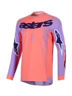 Alpinestars 2026 Supertech Scenz Jersey, Motocross Jersey, Hot Coral and Purple, featuring large purple 'astars' branding on the chest, star logos on the sleeves, and perforated mesh panels for high-performance off-road racing.