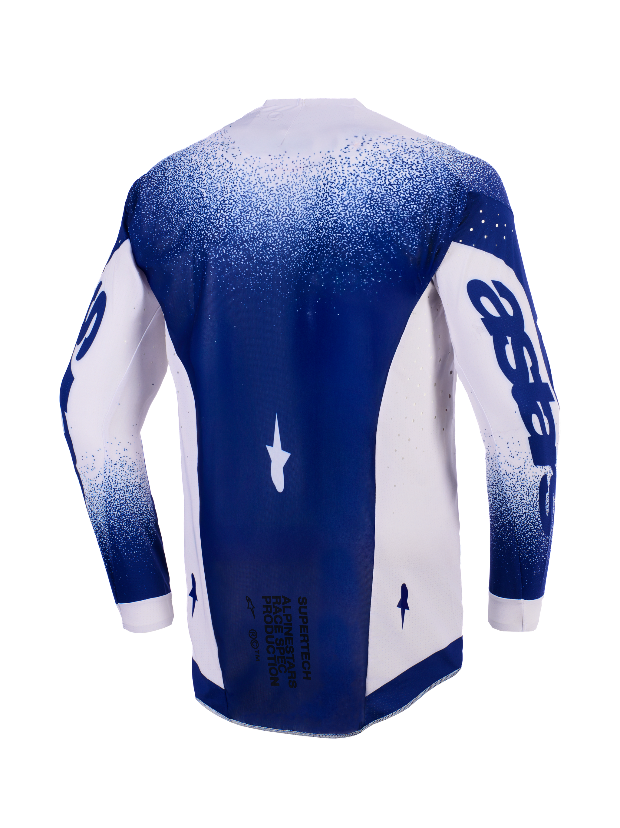 Alpinestars 2026 Supertech Scenz Jersey, achteraanzicht, lichtgrijs en donkerblauw, professioneel motorcross shirt met lasergesneden perforaties op de zijpanelen, donkerblauw middenpaneel met 'Race Spec' tekst onderaan, atletische racepasvorm