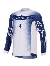 Alpinestars 2026 Supertech Scenz Jersey, motorcross shirt, lichtgrijs en donkerblauw, met donkerblauwe Astars-branding op de borst en mouwen, spikkelpatroon met kleurverloop, laser-gesneden perforaties voor ventilatie, professionele off-road race-uitrusting