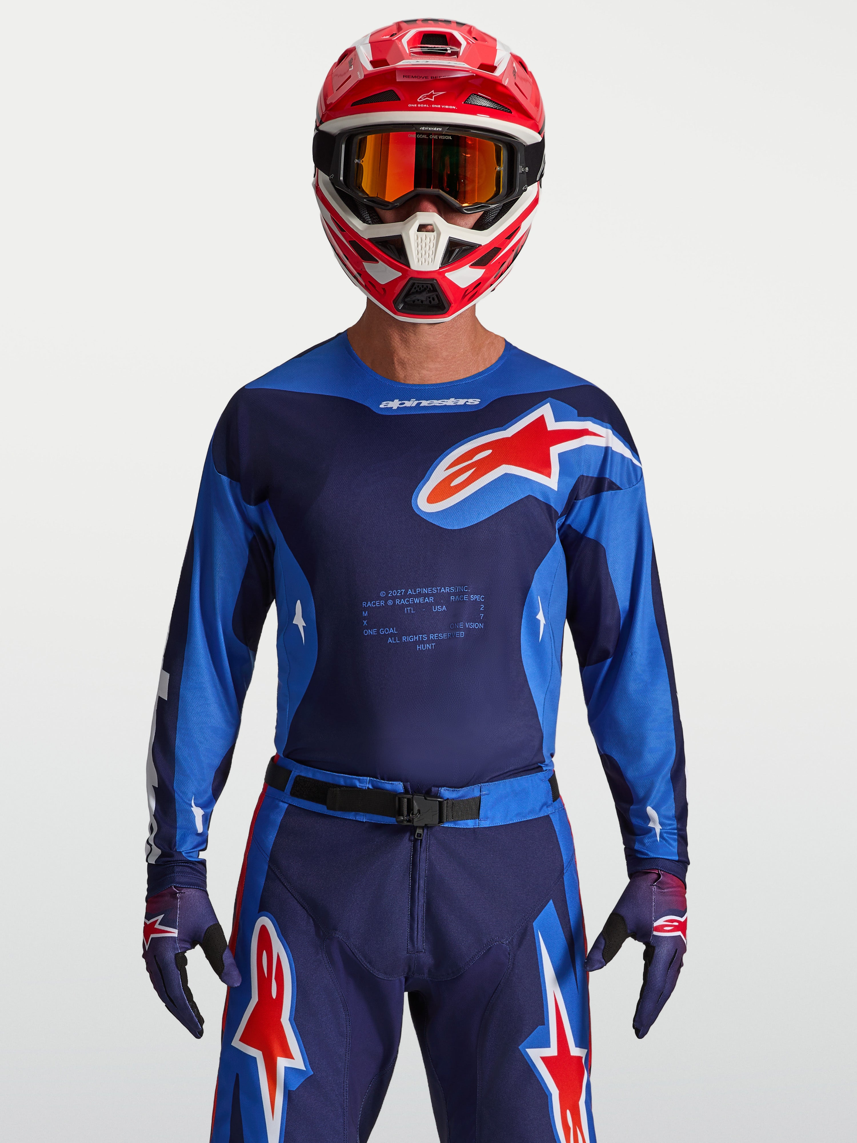 Alpinestars Racer Hunt Jersey, heren motorcrossjersey, blauw en rood, vochtafvoerend en ademend polyfabric, ergonomische racepasvorm voor off-road prestaties.