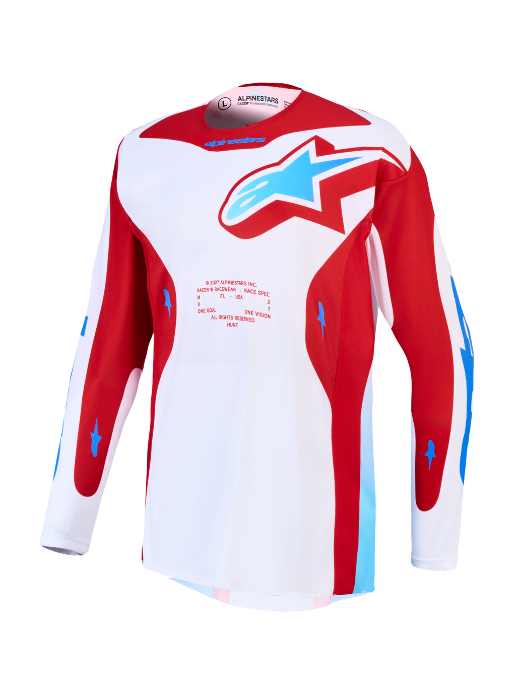 Alpinestars Racer Hunt Trikot, Herren-Motocross-Trikot, Rot und Weiß mit blauen Akzenten, feuchtigkeitsableitendes Polygewebe und Mesh-Belüftungseinsätze