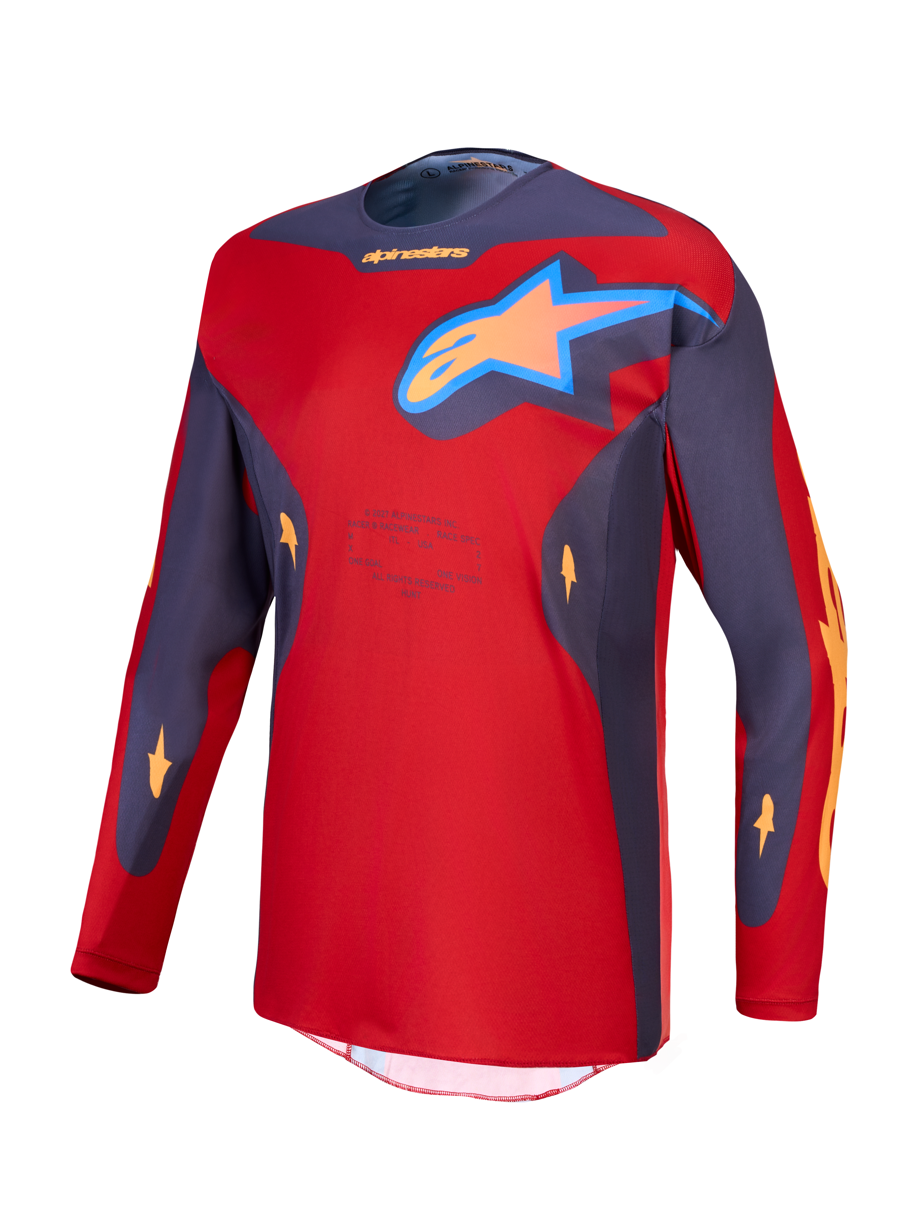 Alpinestars Racer Hunt Trikot, Herren-Motocross-Rennsport, Rot und Grau, feuchtigkeitsableitendes Polygewebe mit Stern-Logo.