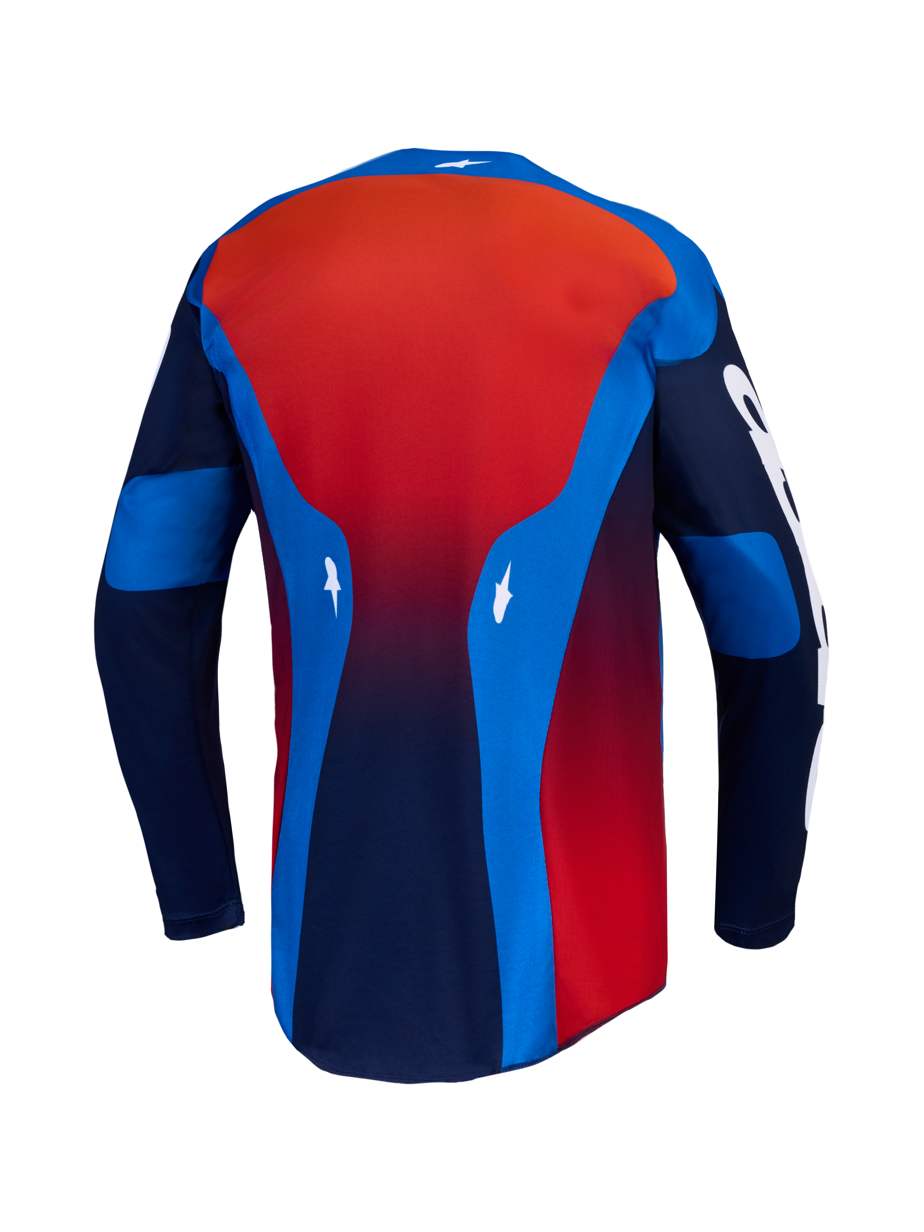 Alpinestars Racer Hunt jersey, motorcrossjersey voor heren, blauw en rood, achteraanzicht met vochtafvoerende verlengde zoom.