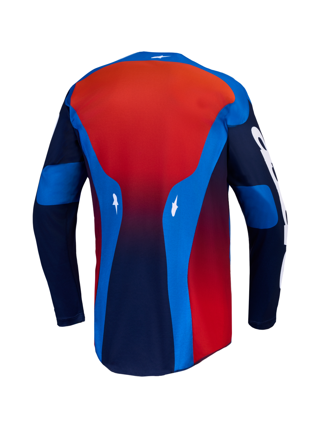 Alpinestars Racer Hunt Jersey, motocross-jersey, blauw en rood, lichtgewicht vochtafvoerend textiel, achteraanzicht.