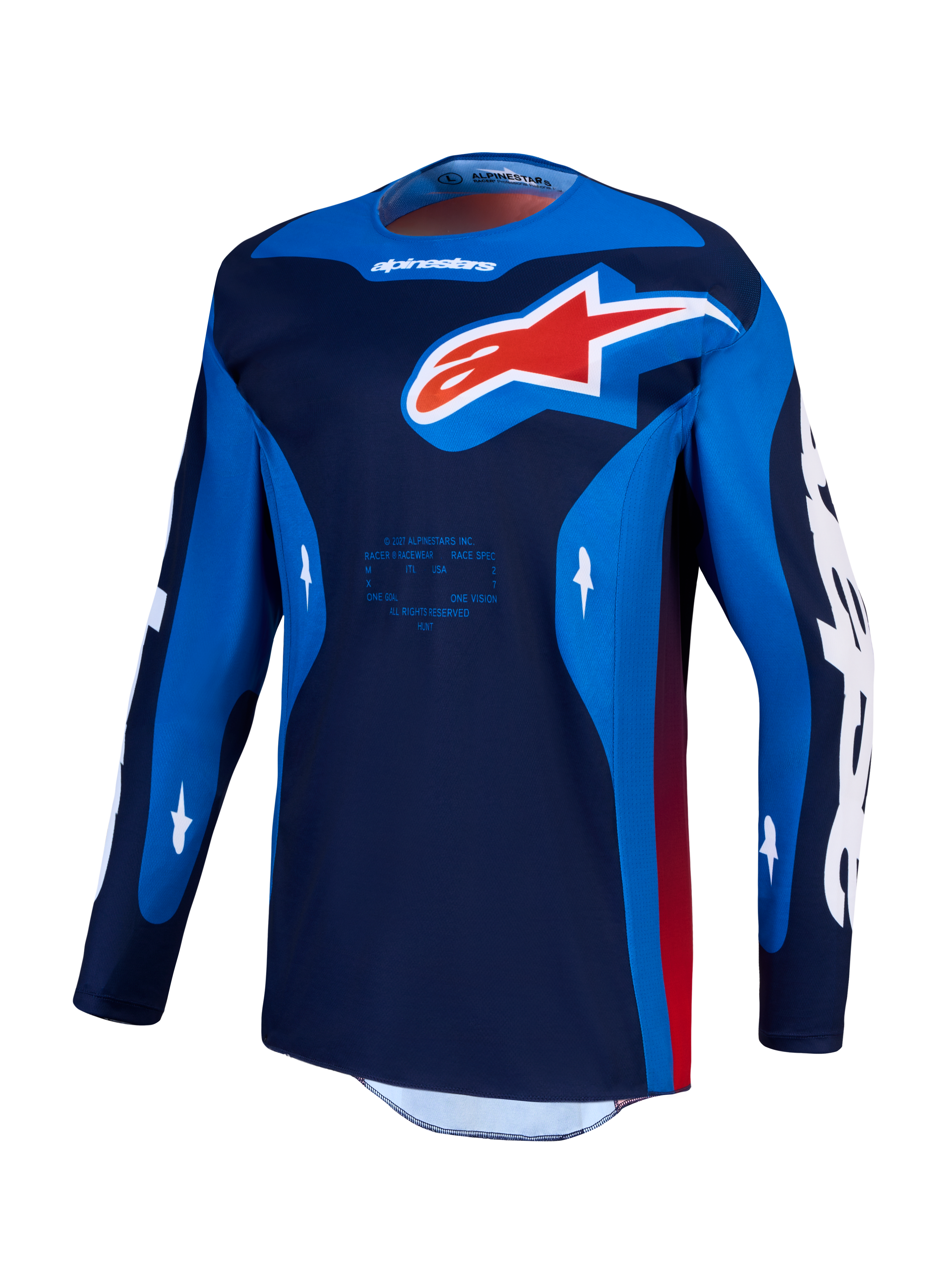 Alpinestars Racer Hunt jersey, heren motocrossjersey, navy en blauw met rood logo, off-road performance kleding.