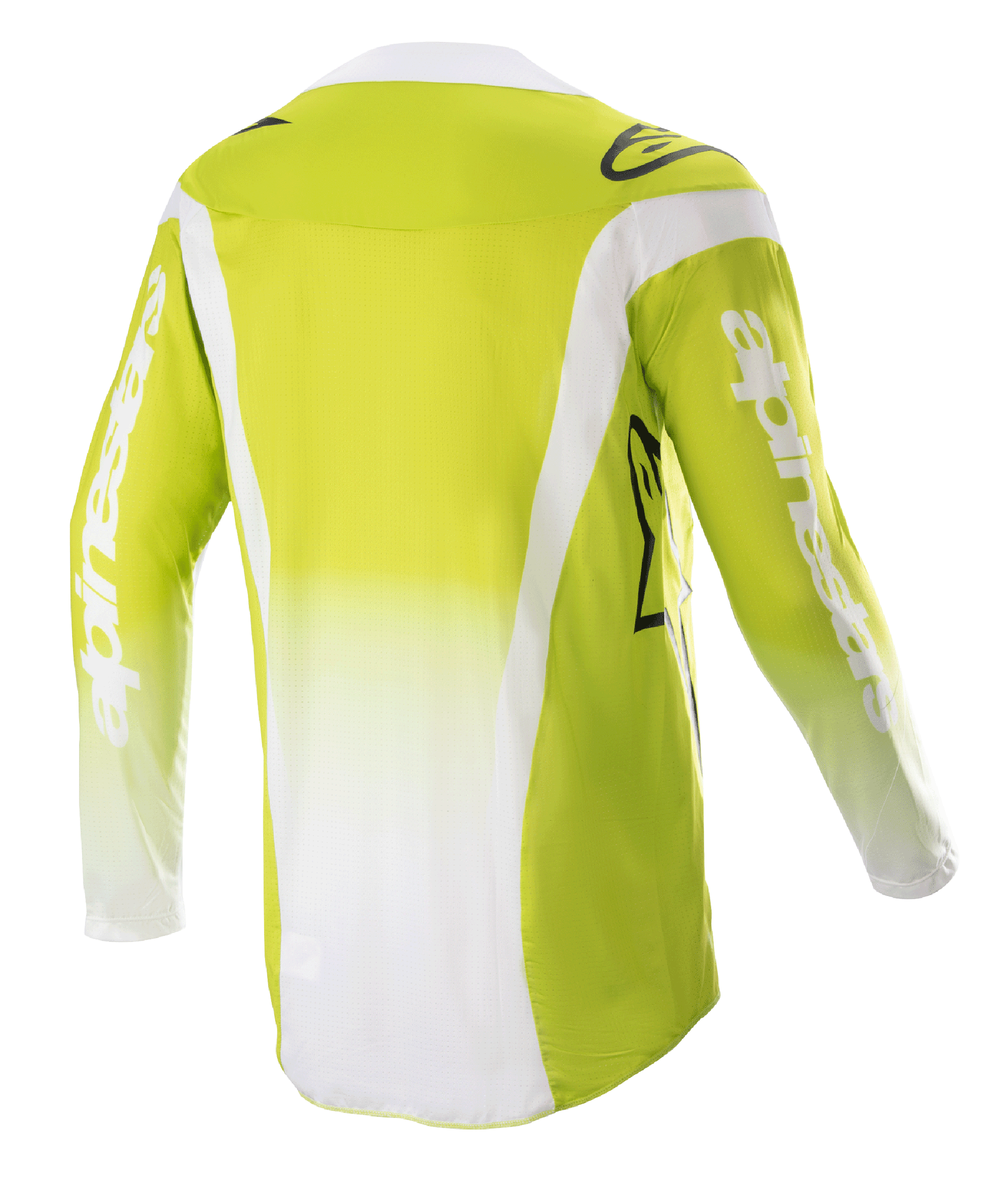 Alpinestars 2023 Techstar Push Trikot, Rückansicht, Gelb Fluo und Weiß, Langarm-Motocross-Trikot mit weißen Seiteneinsätzen und Branding auf den Ärmeln, technische Offroad-Ausrüstung