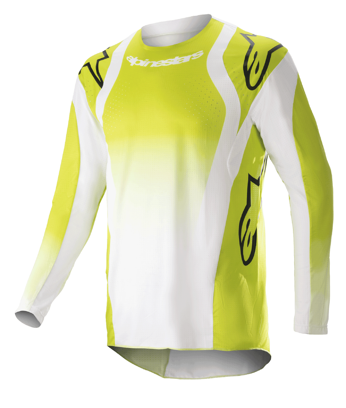 Maillot Alpinestars Techstar Push 2023, maillot de motocross à manches longues, jaune fluo et blanc, avec de grands logos Astars noirs sur les épaules et les manches, tissu technique perforé, col rond et pan arrière rallongé pour la course tout-terrain