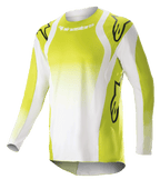 Alpinestars 2023 Techstar Push Trikot, Langarm-Motocross-Jersey, Gelb Fluo und Weiß, mit großen schwarzen Astars-Logos auf Schultern und Ärmeln, perforiertem Funktionsmaterial, Rundhalsausschnitt und verlängertem Rückensaum für den Offroad-Rennsport