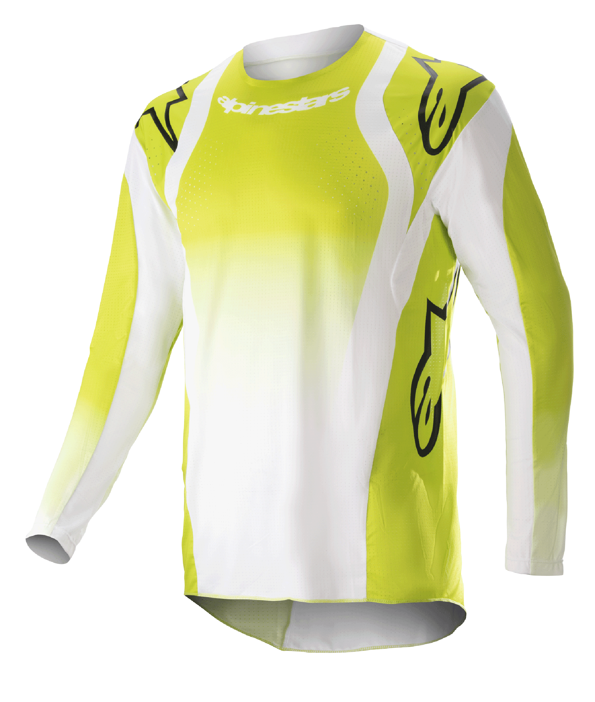 Alpinestars 2023 Techstar Push Trikot, Langarm-Motocross-Jersey, Gelb Fluo und Weiß, mit großen schwarzen Astars-Logos auf Schultern und Ärmeln, perforiertem Funktionsmaterial, Rundhalsausschnitt und verlängertem Rückensaum für den Offroad-Rennsport