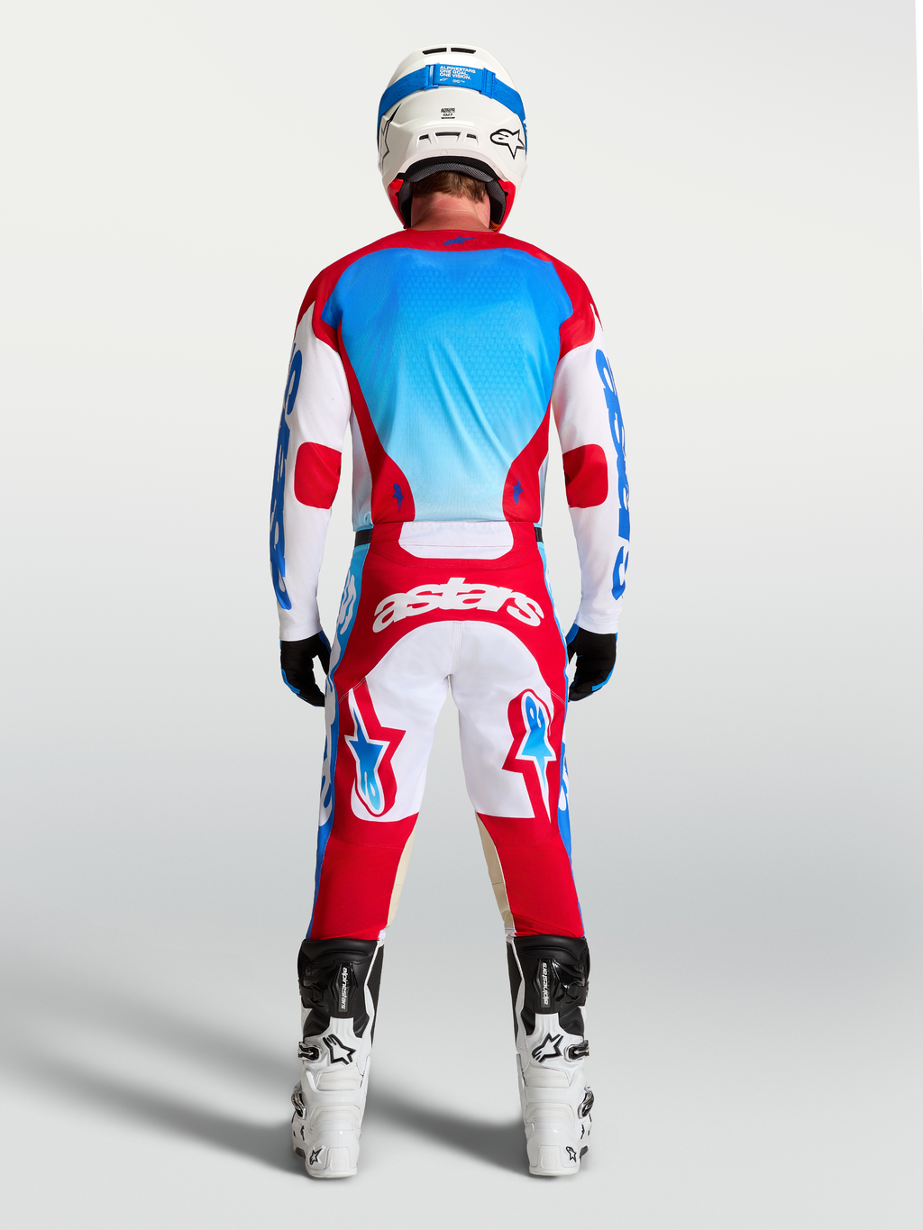 Alpinestars Racer Hunt Trikot, Motocrosstrikot für Herren, Rückansicht, Rot, Weiß und Blau, feuchtigkeitsableitendes Gewebe
