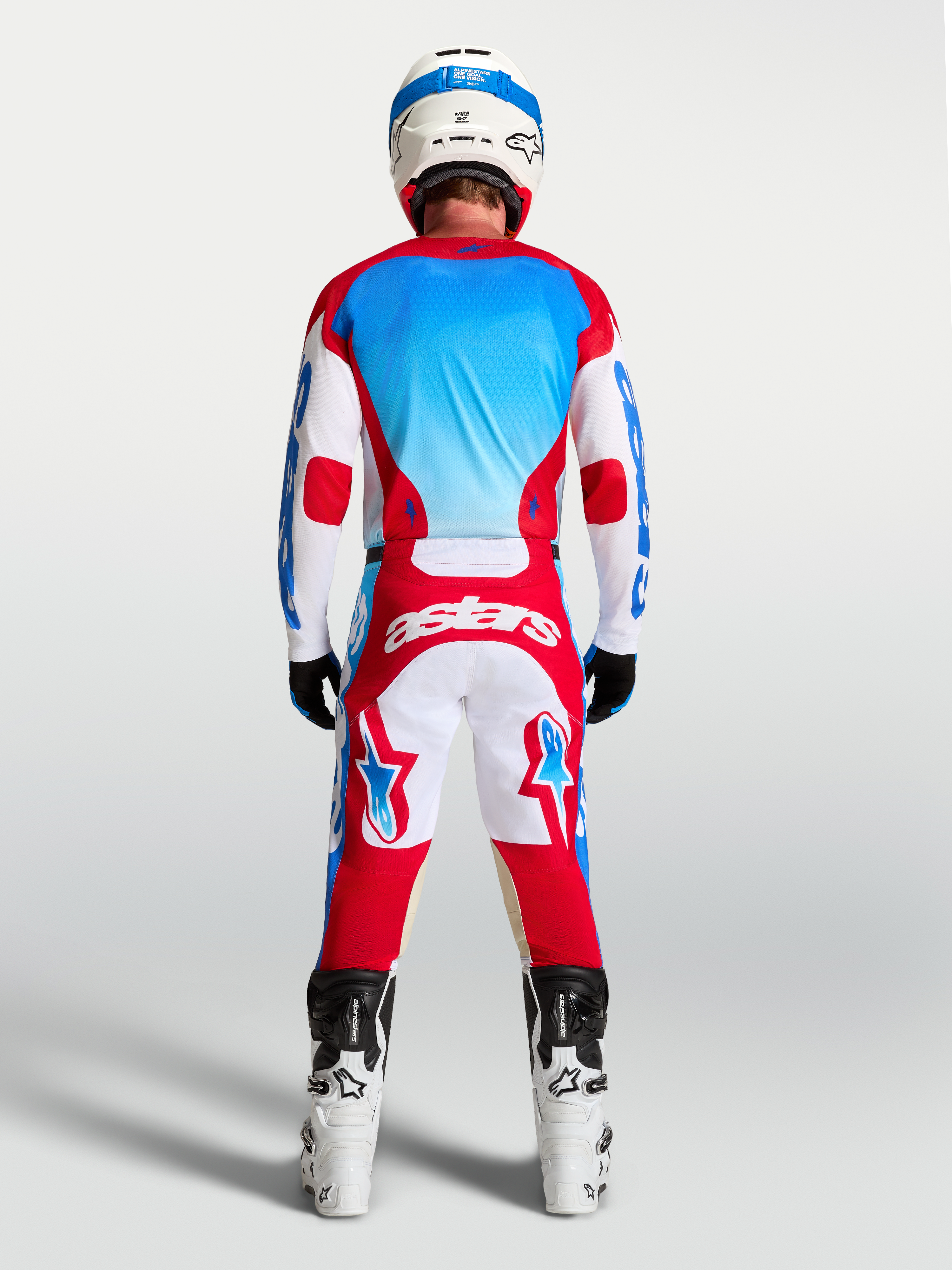 Alpinestars Racer Hunt Trikot, Motocrosstrikot für Herren, Rückansicht, Rot, Weiß und Blau, feuchtigkeitsableitendes Gewebe