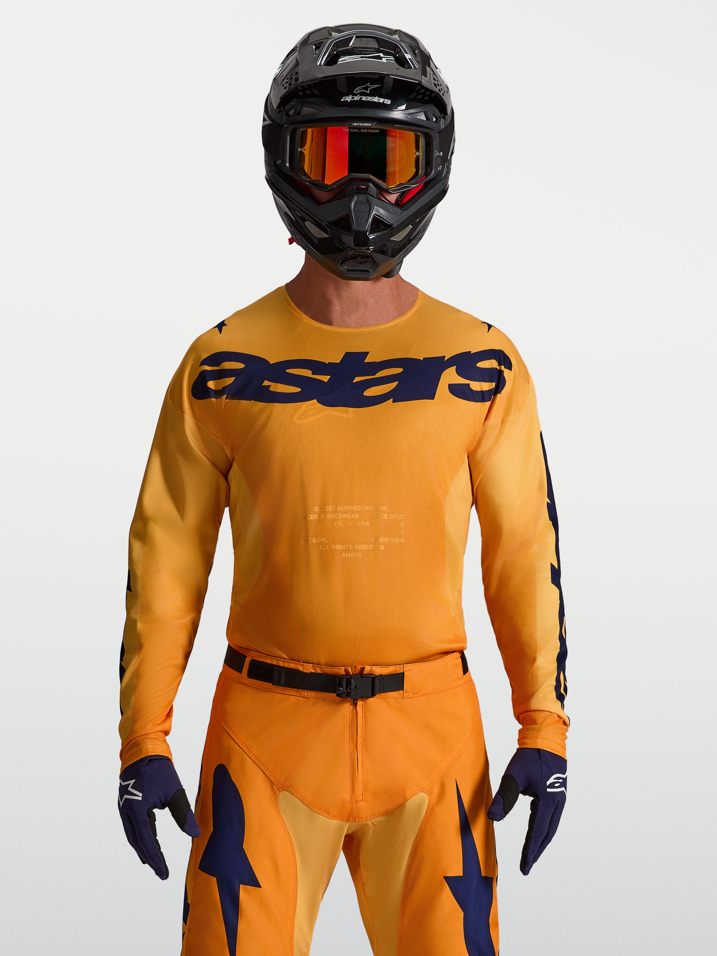Maillot Alpinestars Racer Amber, maillot de motocross pour homme, orange et bleu foncé, poly-tissu évacuant l'humidité