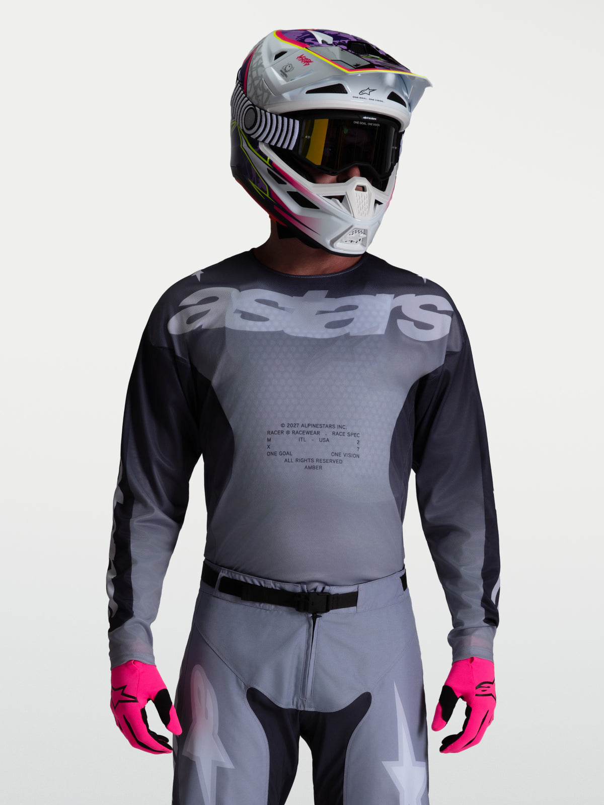 Maillot Alpinestars Racer Amber, maillot de motocross pour homme, gris et anthracite, poly-tissu évacuant l'humidité.