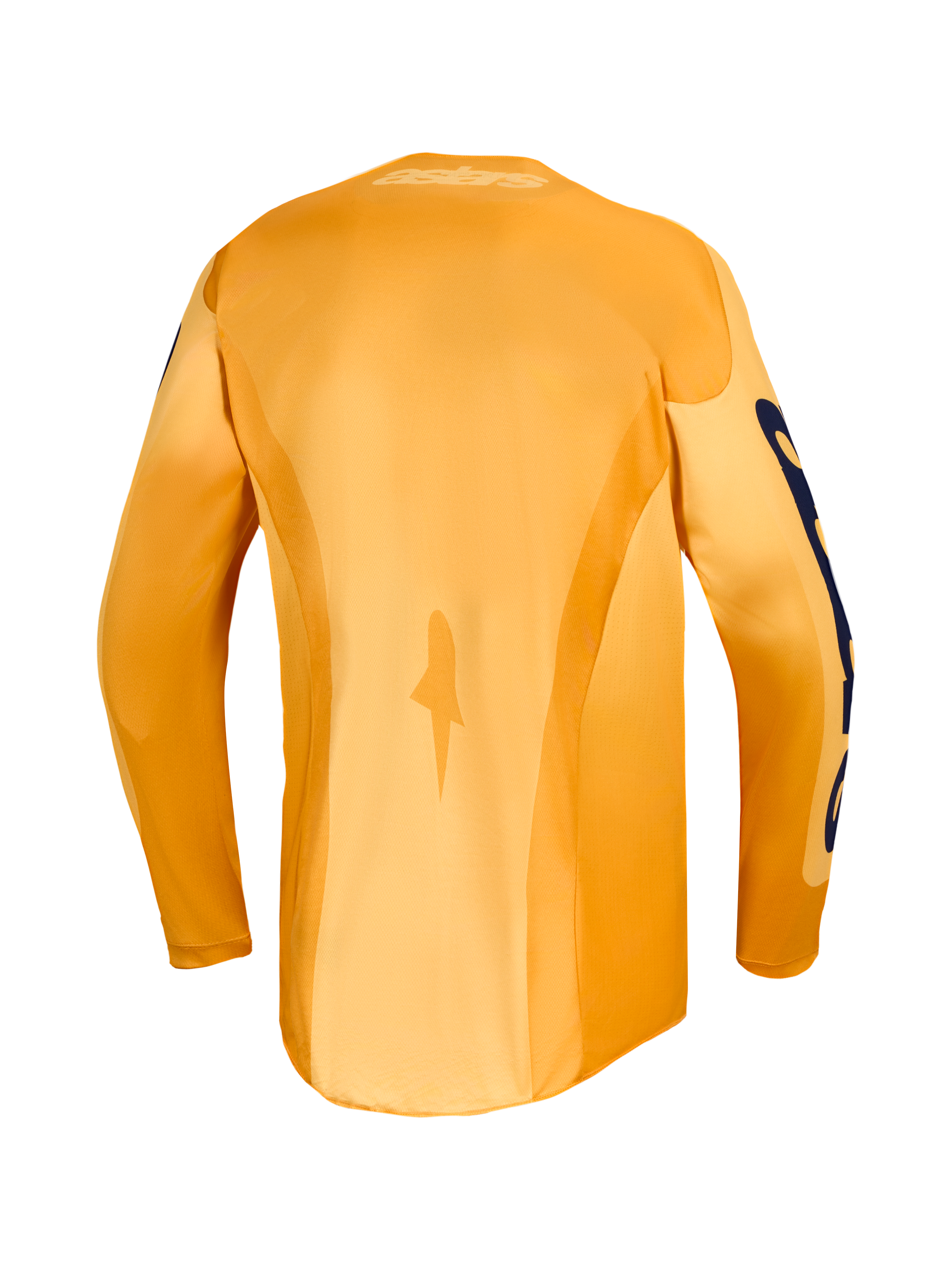Alpinestars Racer Amber Trikot und Gear Set, Rückansicht, Motocross-Oberteil in Orange und Blau mit verlängertem Rückenteil.