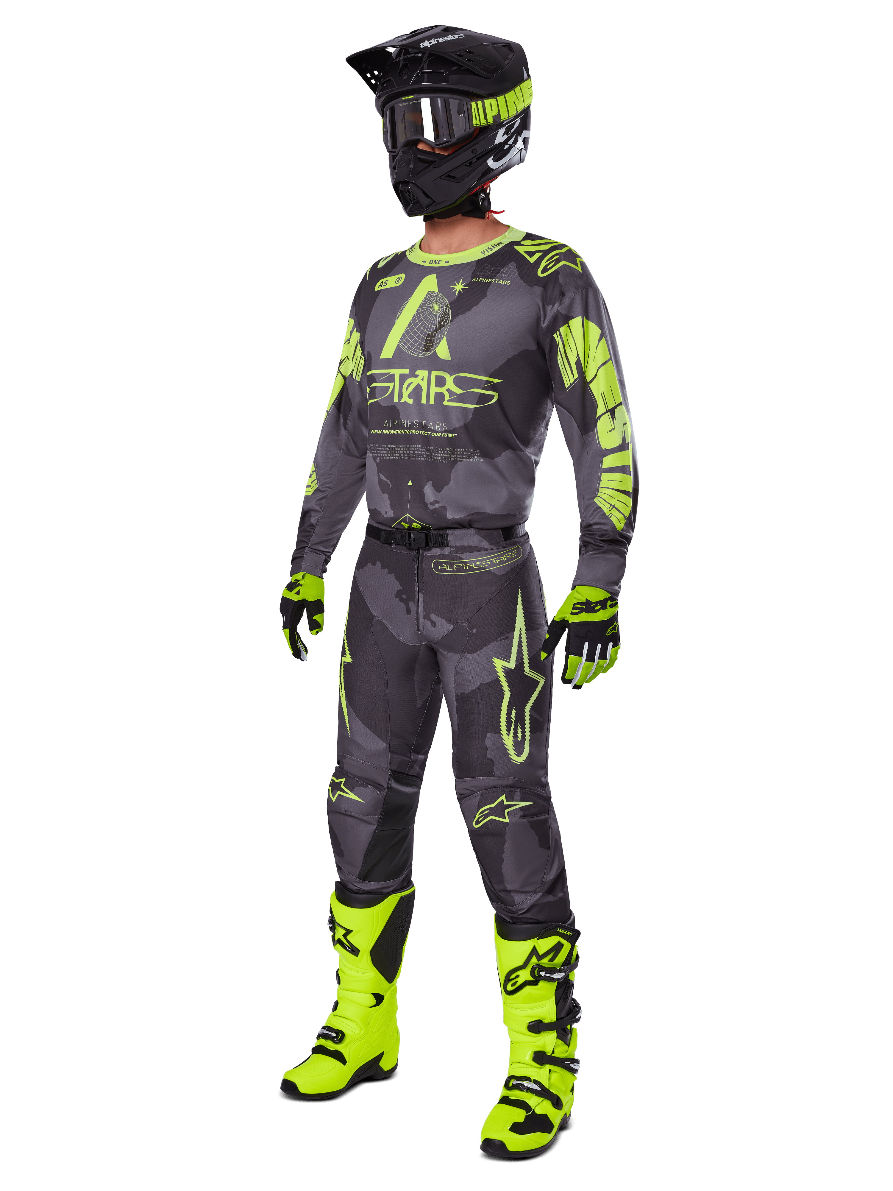 Alpinestars 2025 Racer Hollow Gear Set, volledige motorcross-outfit, grijs camouflage en neongeel, inclusief jersey, broek, bijpassende zwart-gele helm, crossbril, handschoenen en felgele laarzen, hoogwaardige off-road racekleding