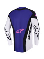 Alpinestars 2026 Techstar Knif Jersey, Motocross-Trikot, Schwarz, Hellgrau und Lila, Rückansicht mit großer lila Rückenpartie und pinkem Stern-Logo, weiße Ärmel mit schwarzem Alpinestars-Branding, sportliche Rennpassform.