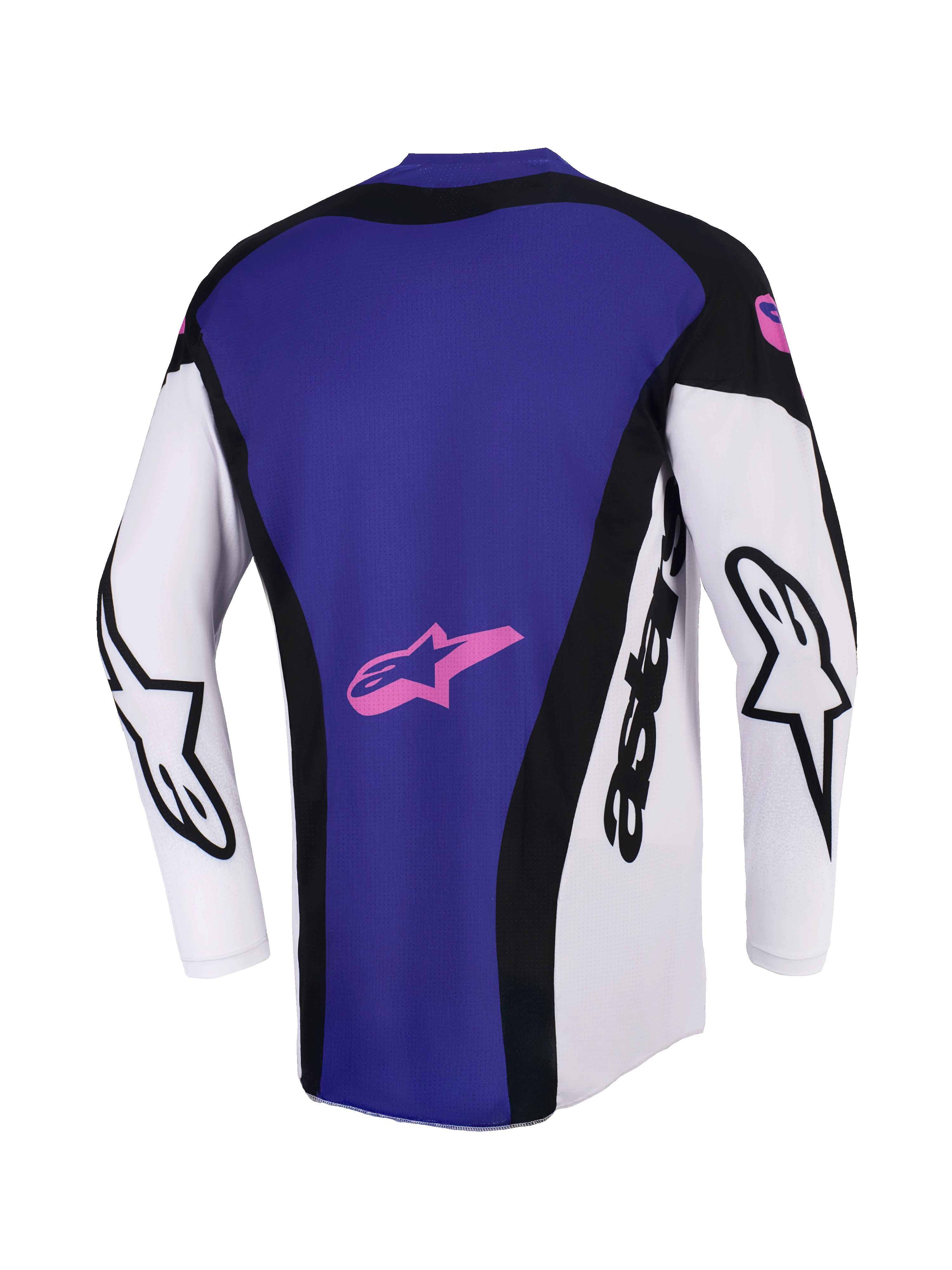 Alpinestars 2026 Techstar Knif Jersey, Motocross-Trikot, Schwarz, Hellgrau und Lila, Rückansicht mit großer lila Rückenpartie und pinkem Stern-Logo, weiße Ärmel mit schwarzem Alpinestars-Branding, sportliche Rennpassform.