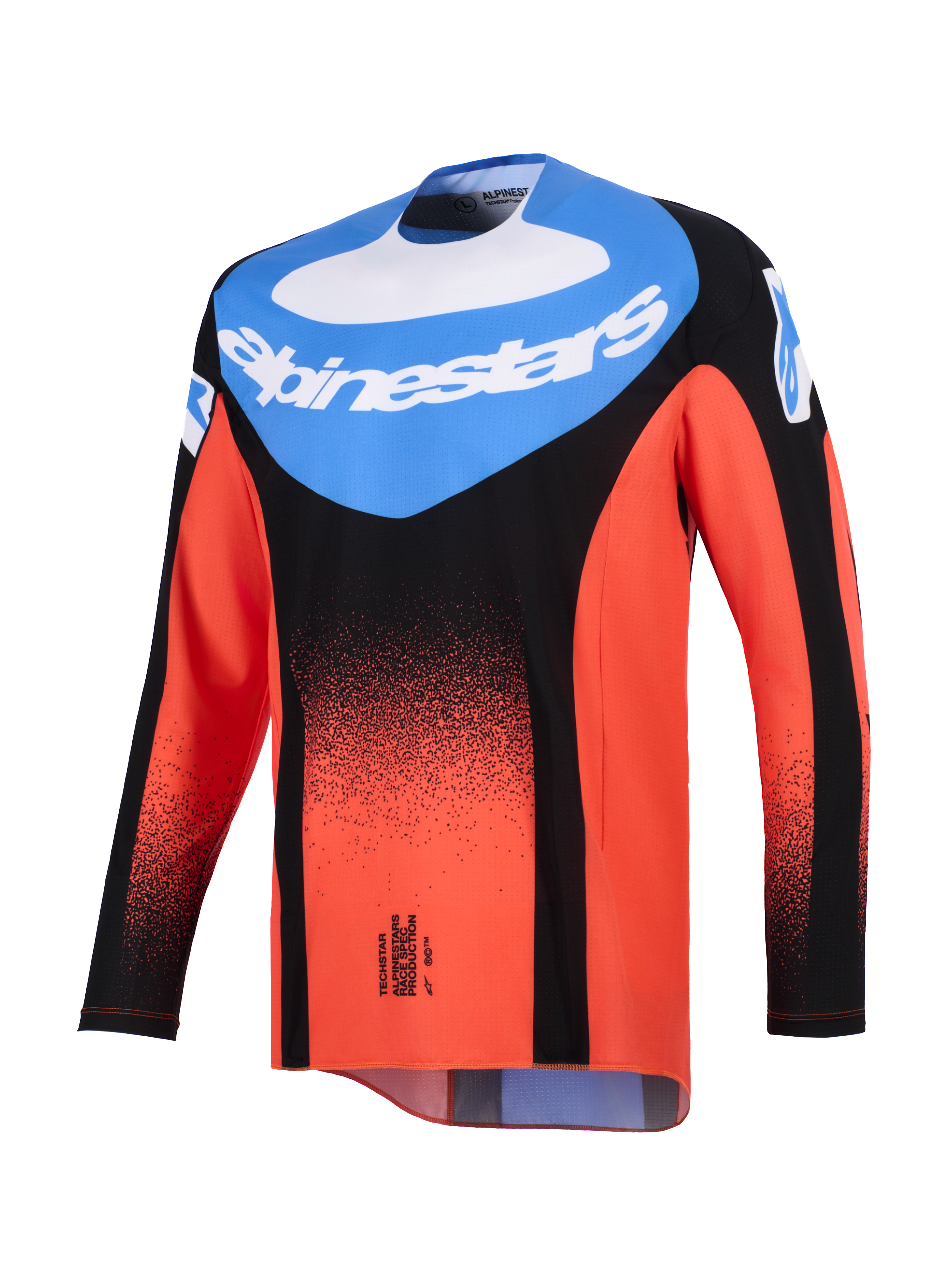 Alpinestars 2026 Techstar Knif Jersey, Motocross Jersey, Orange Black and UCLA Blue, front view featuring a blue chest panel with white Alpinestars logo and a black stippled gradient on the orange sleeves and body, performance off-road racing gear.