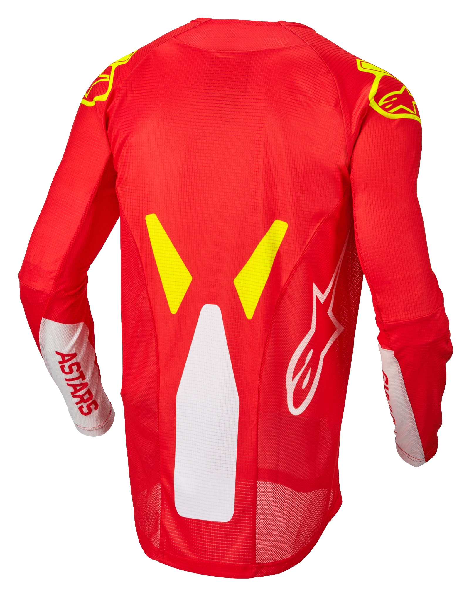 Alpinestars Techstar Factory Jersey, maillot de motocross, rouge fluo, blanc et jaune fluo, vue de dos présentant des panneaux de ventilation en maille et un profil arrière prolongé, marquage ASTARS blanc sur les manches et accents graphiques jaune fluo sur les épaules.