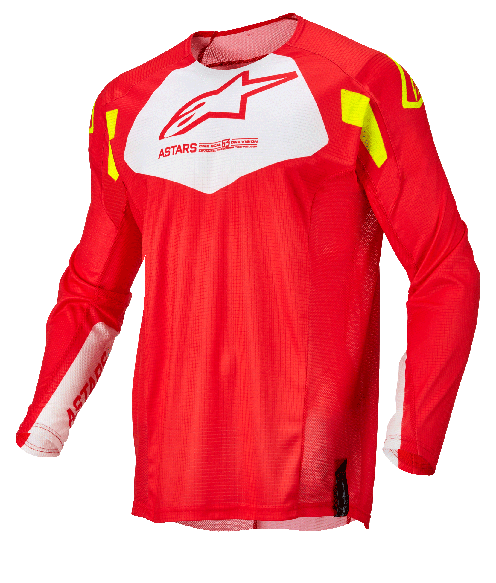 Alpinestars Techstar Factory Jersey, maillot de motocross, rouge fluo avec panneau blanc sur la poitrine et accents jaune fluo, tissu en maille léger et respirant, design à manches longues pour la course tout-terrain