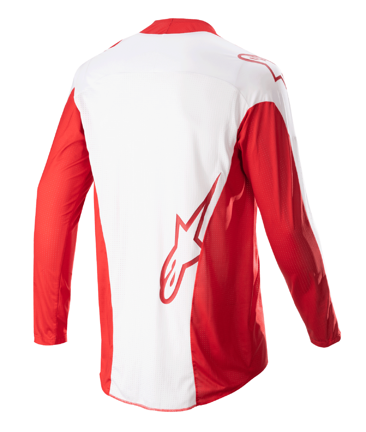 Alpinestars 2023 Techstar Arch Jersey, motocross shirt, Mars Red en wit, achteraanzicht met wit middenpaneel en rode lange mouwen, rood Astars-logo op de onderrug, mesh-ventilatiepanelen en verlengde achterzijde voor extra bedekking tijdens off-road racen