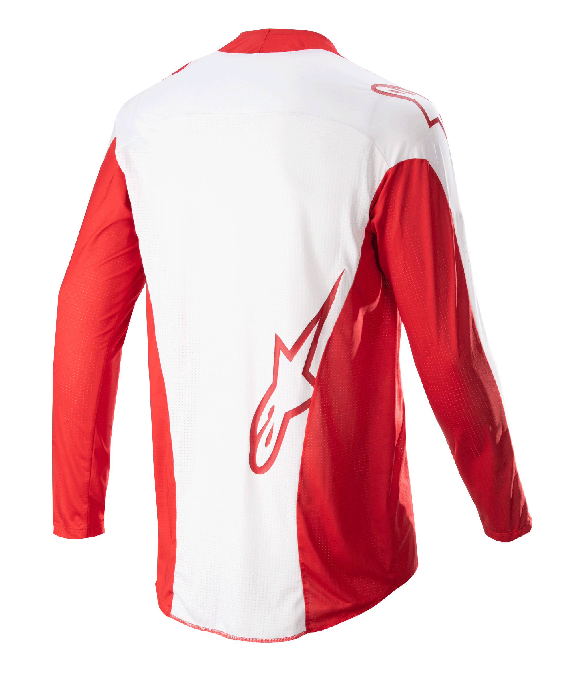 Alpinestars Techstar Arch Jersey 2023, maillot de motocross, rouge Mars et blanc, vue arrière montrant le panneau central blanc et les manches longues rouges, logo Astars rouge dans le bas du dos, panneaux de ventilation en mesh et partie arrière allongée pour une meilleure couverture en course tout-terrain