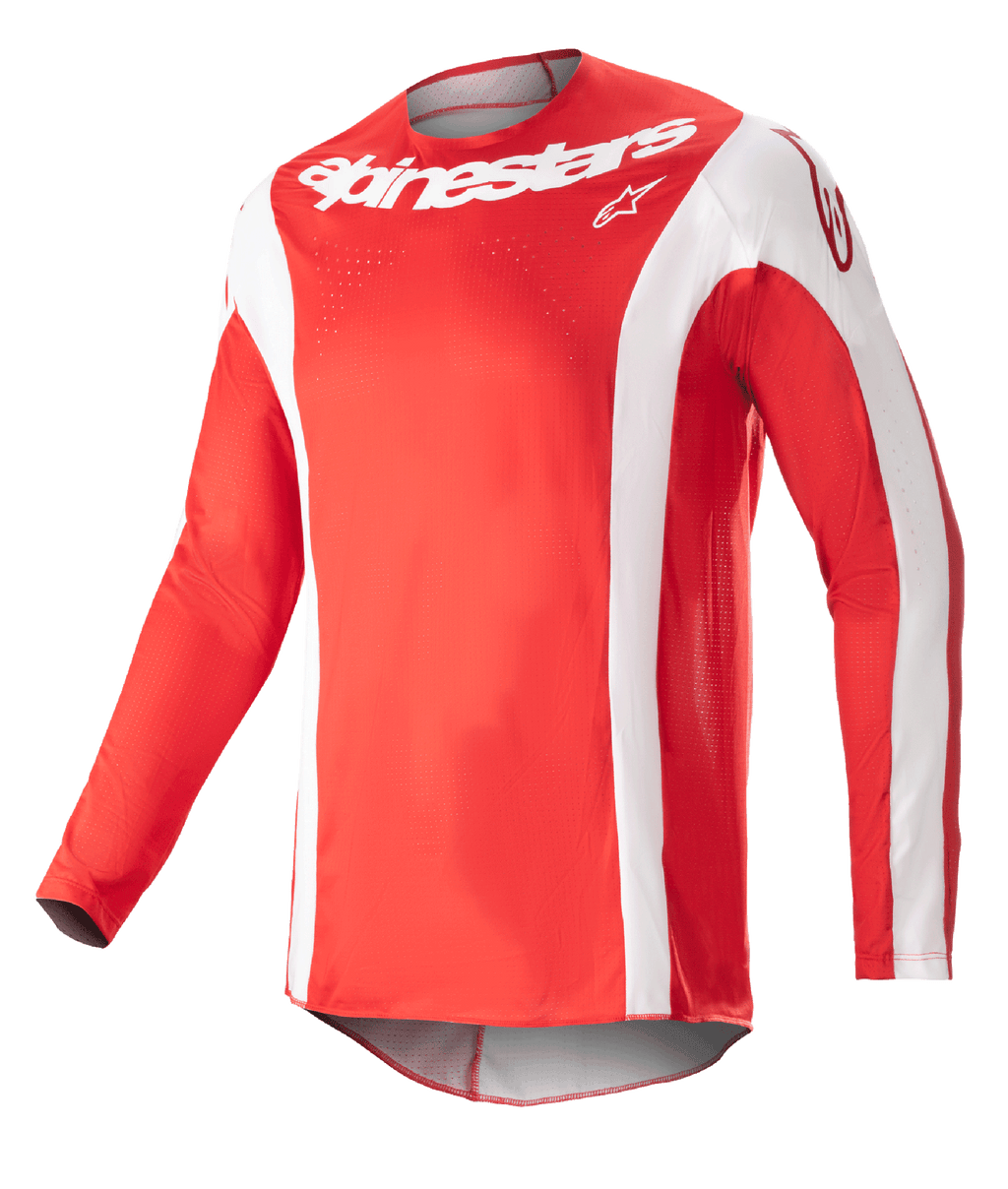 Maillot Alpinestars Techstar Arch 2023, maillot de motocross, rouge Mars et blanc, logo Alpinestars blanc sur la poitrine, tissu technique perforé, manches longues avec accents blancs, design sportif pour le tout-terrain