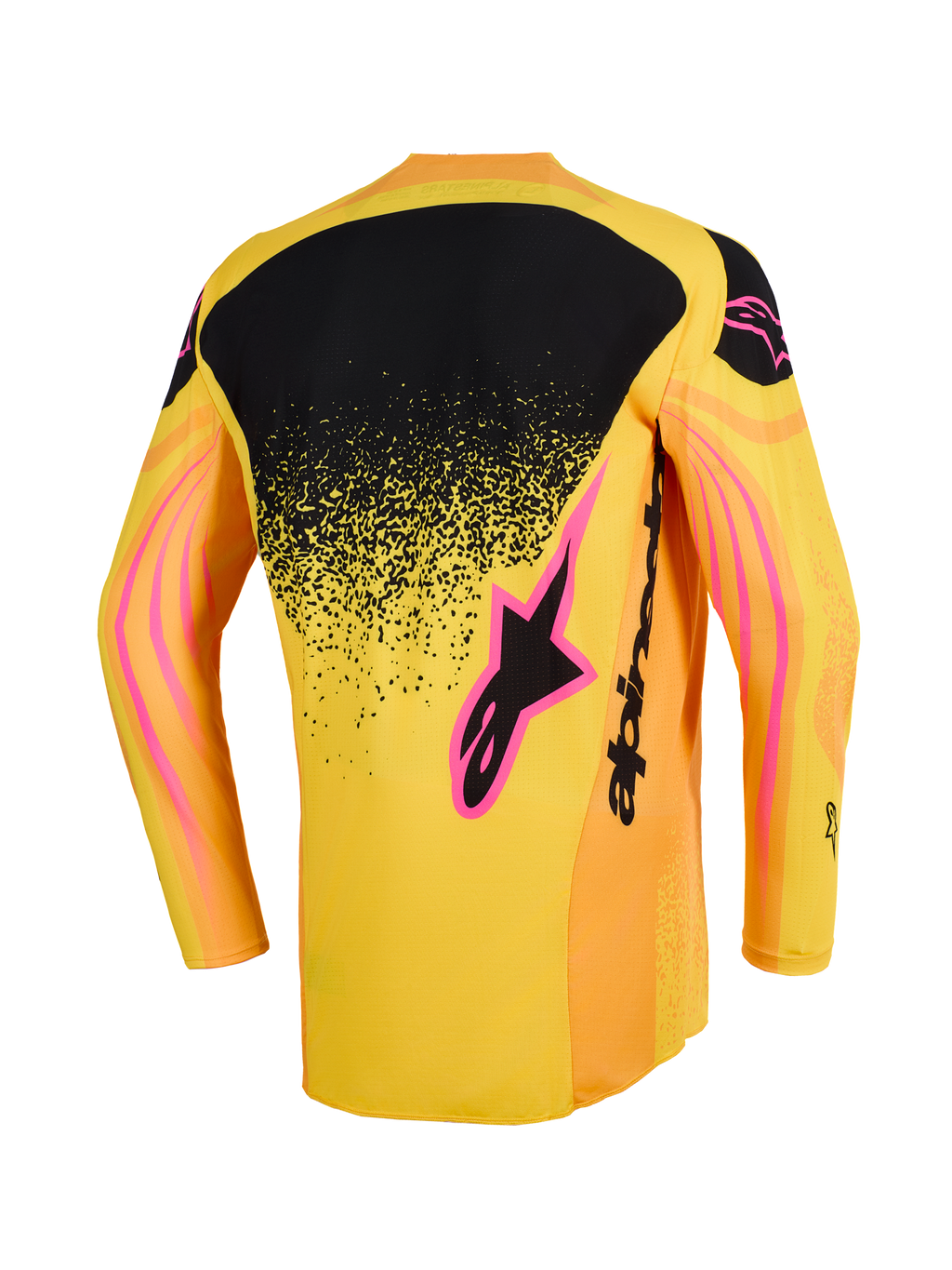 Alpinestars 2026 Techstar Nomur Trikot, Motocross-Trikot, Orange, Gelb und Pink, Rückansicht mit schwarzem oberem Rückenpanel mit gesprenkeltem Farbverlauf, pinkfarbenen Logo-Akzenten und wellenförmigen Grafikmustern auf den Ärmeln.